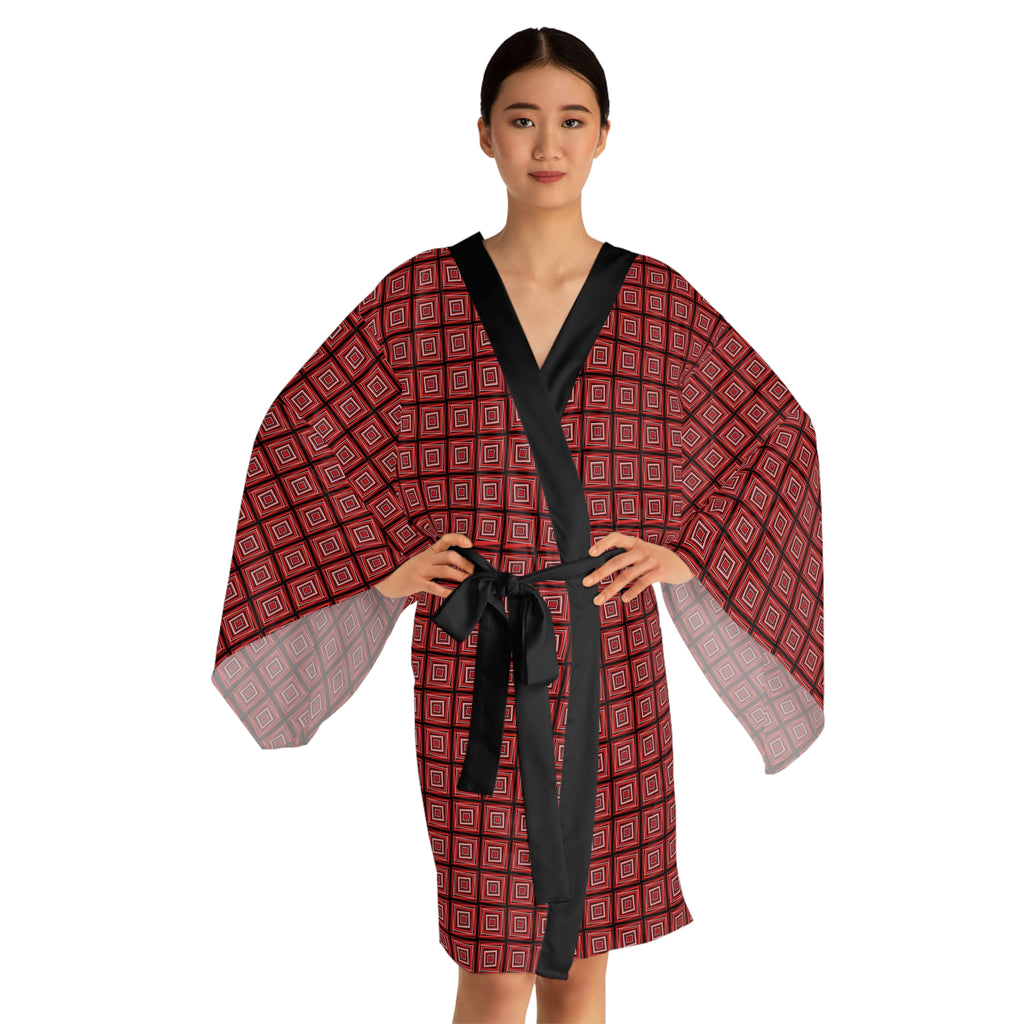 Monochromatic Squares - Red - Long Sleeve Kimono Robe - Chic Loungewear, Spa Outfit, Gift for Her, Inner Peace, Home Comfort
