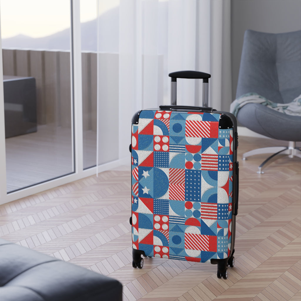Red White and Blue Geometric Pattern - Stylish Luggage - Suitcase for Adventurers - Blue