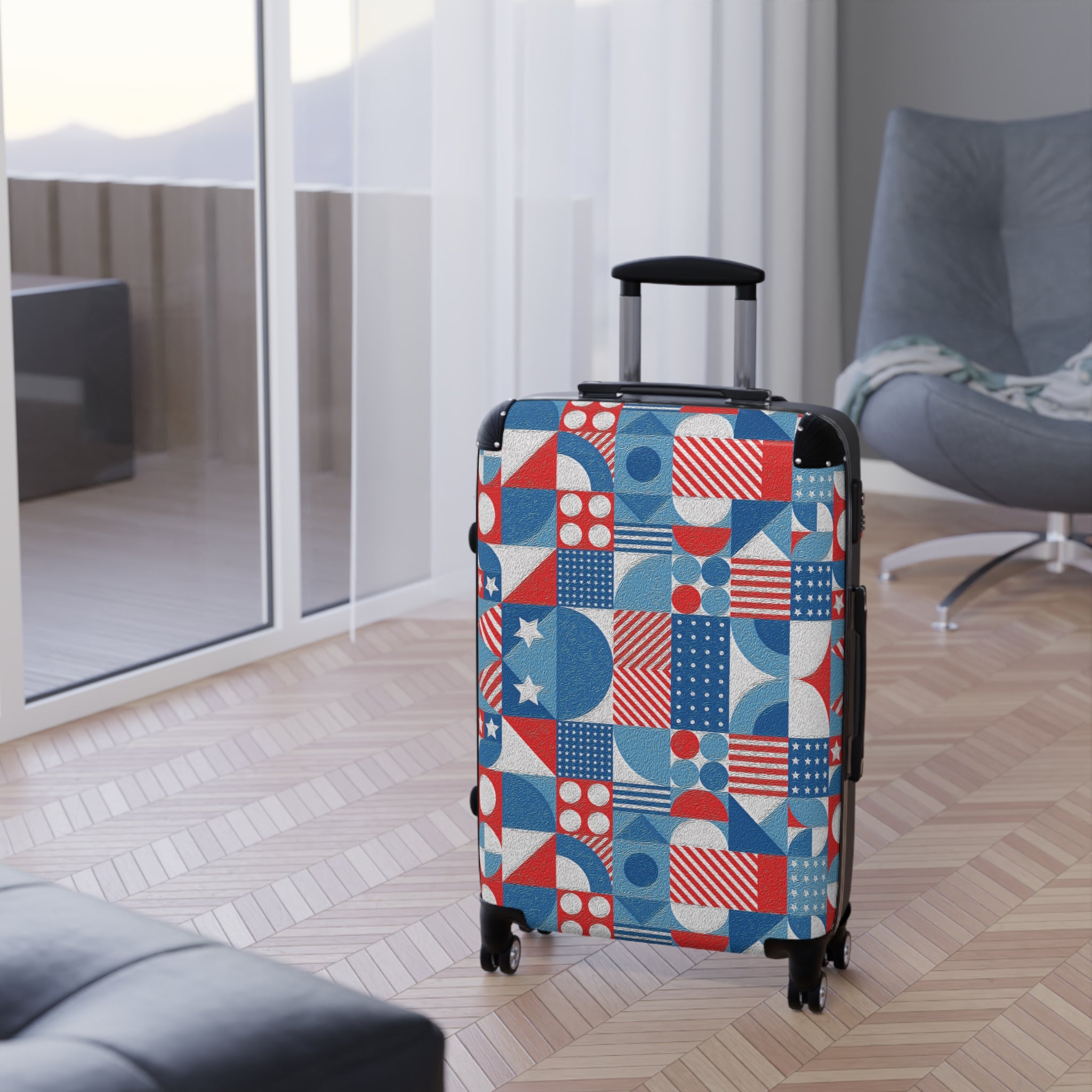 Red White and Blue Geometric Pattern - Stylish Luggage - Suitcase for Adventurers - Blue