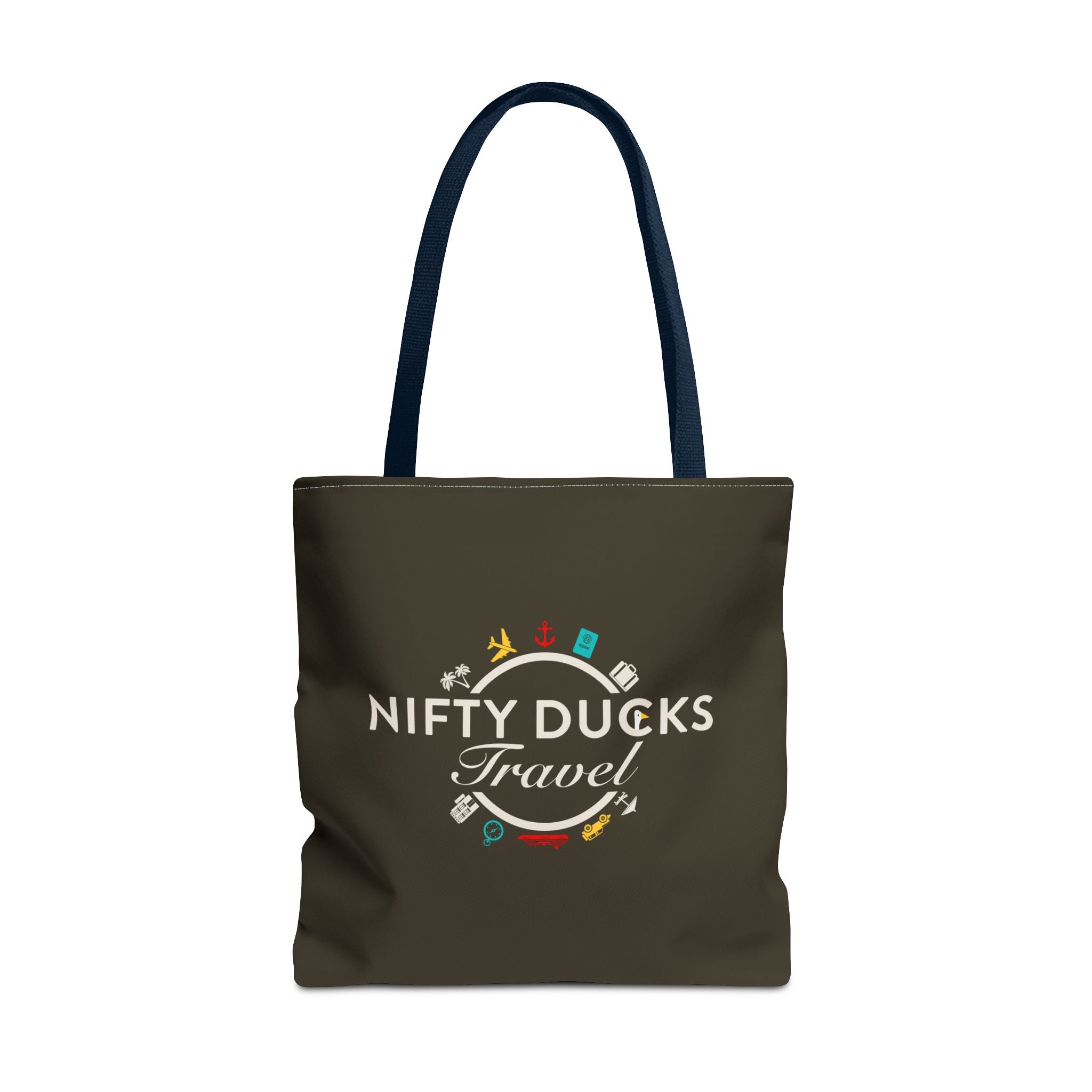 Nifty Ducks Travel Logo - Travel Tote Bag - Signature Brown Background - Beach & Weekend Carryall