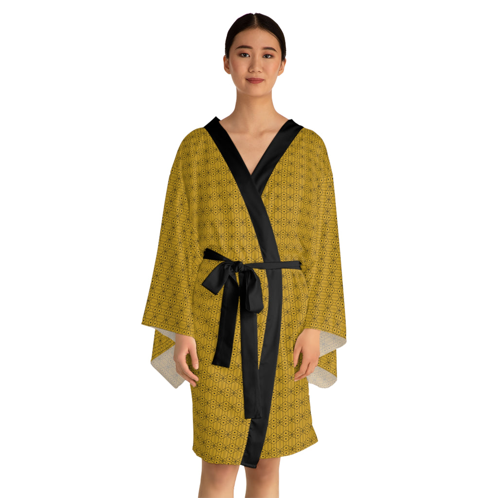 Dimetra - Long Sleeve Kimono Robe - Gold - Black - Chic Loungewear, Spa Outfit, Gift for Her, Inner Peace, Home Comfort