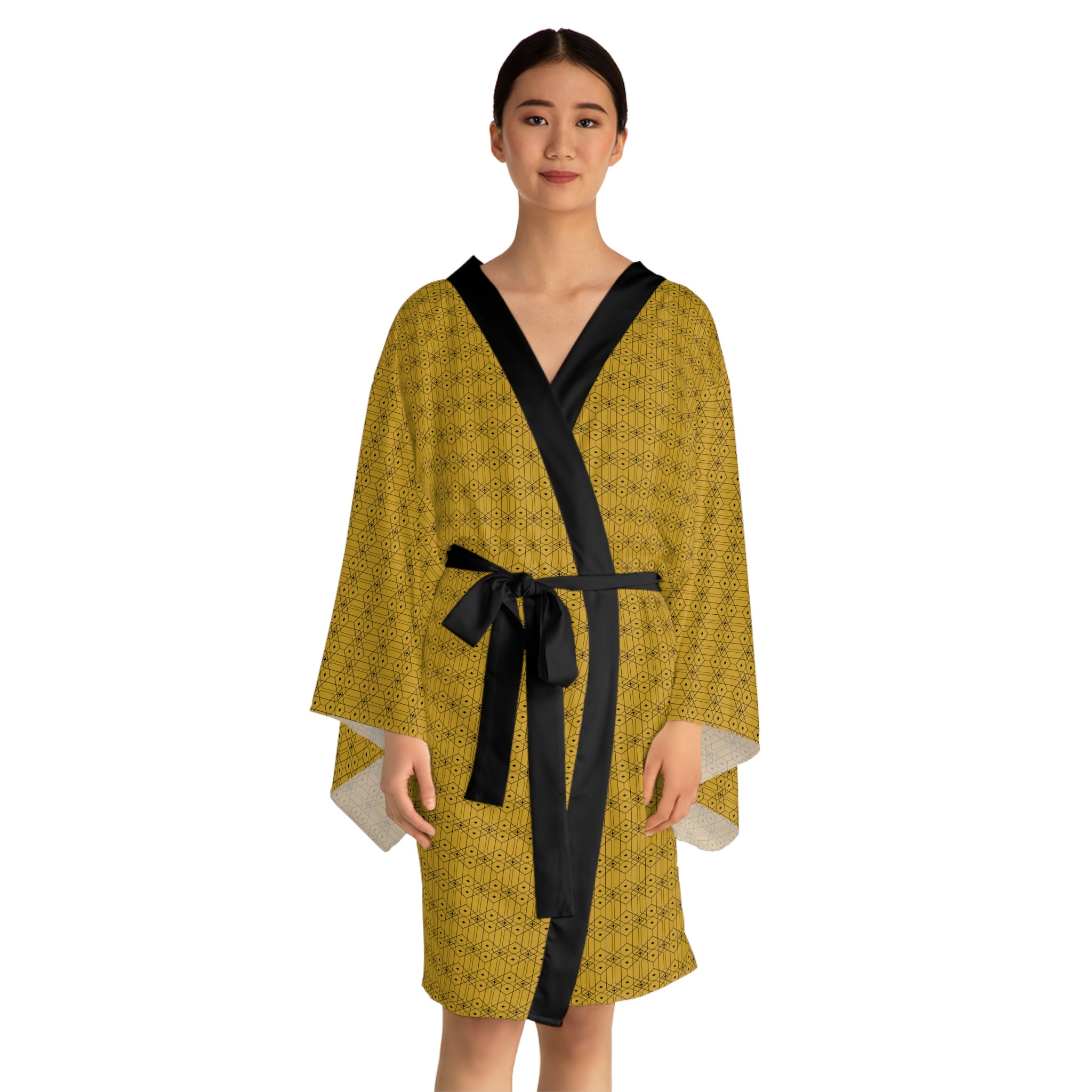 Dimetra - Long Sleeve Kimono Robe - Gold - Black - Chic Loungewear, Spa Outfit, Gift for Her, Inner Peace, Home Comfort