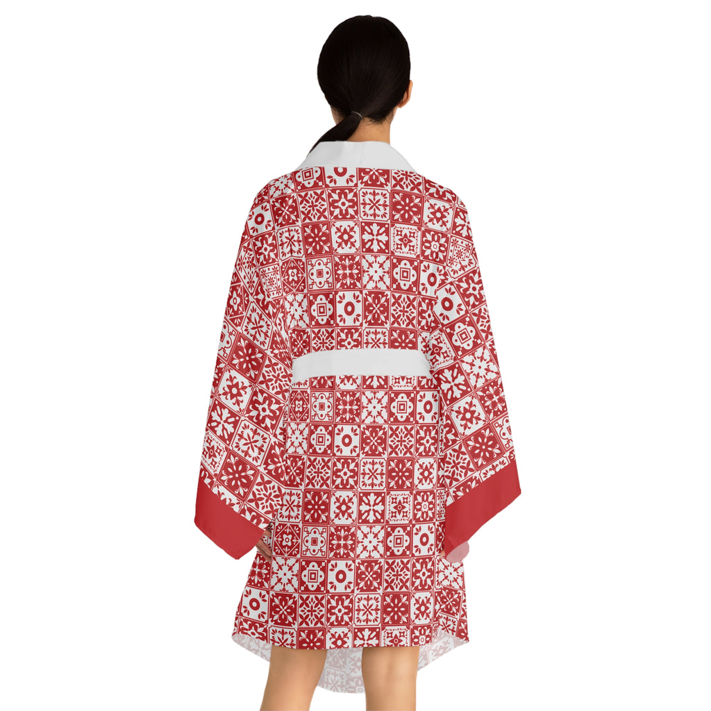 Mediterraneo Mosaic - Red  - Big Print - Long Sleeve Kimono Robe - Chic Loungewear, Spa Outfit, Gift for Her, Inner Peace, Home Comfort