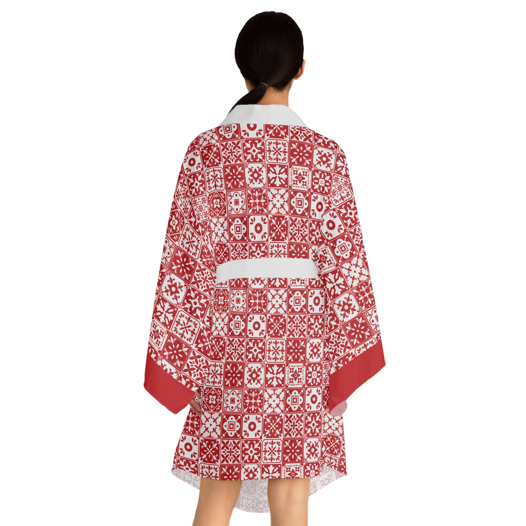 Mediterraneo Mosaic - Red  - Big Print - Long Sleeve Kimono Robe - Chic Loungewear, Spa Outfit, Gift for Her, Inner Peace, Home Comfort