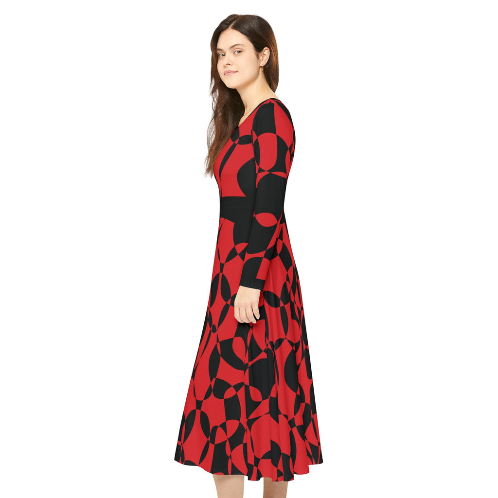 Elegant Women's Long Sleeve Dance Dress - Scarlet Synphony & Black Geometric Pattern