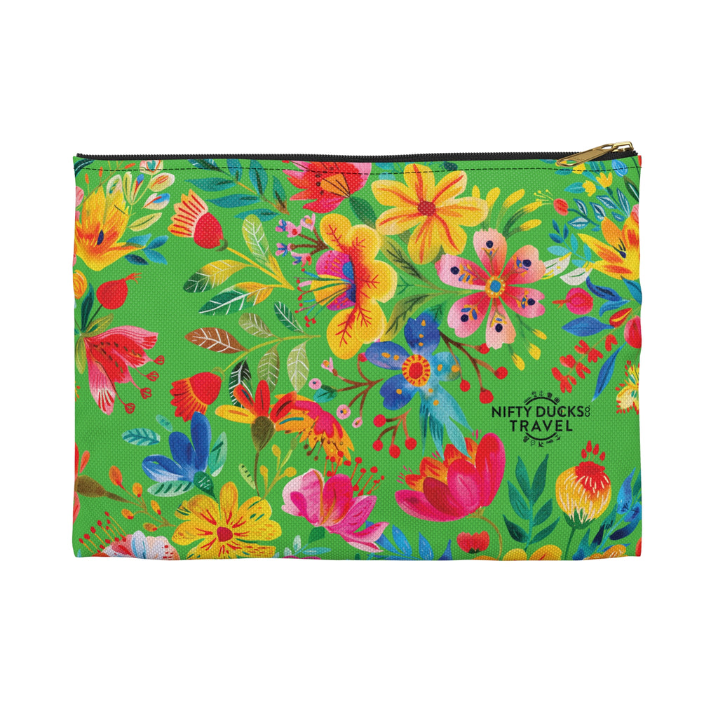 Bright Watercolor Flowers Accessory Pouch - Perfect for Adventurers & Travelers - Lime Green