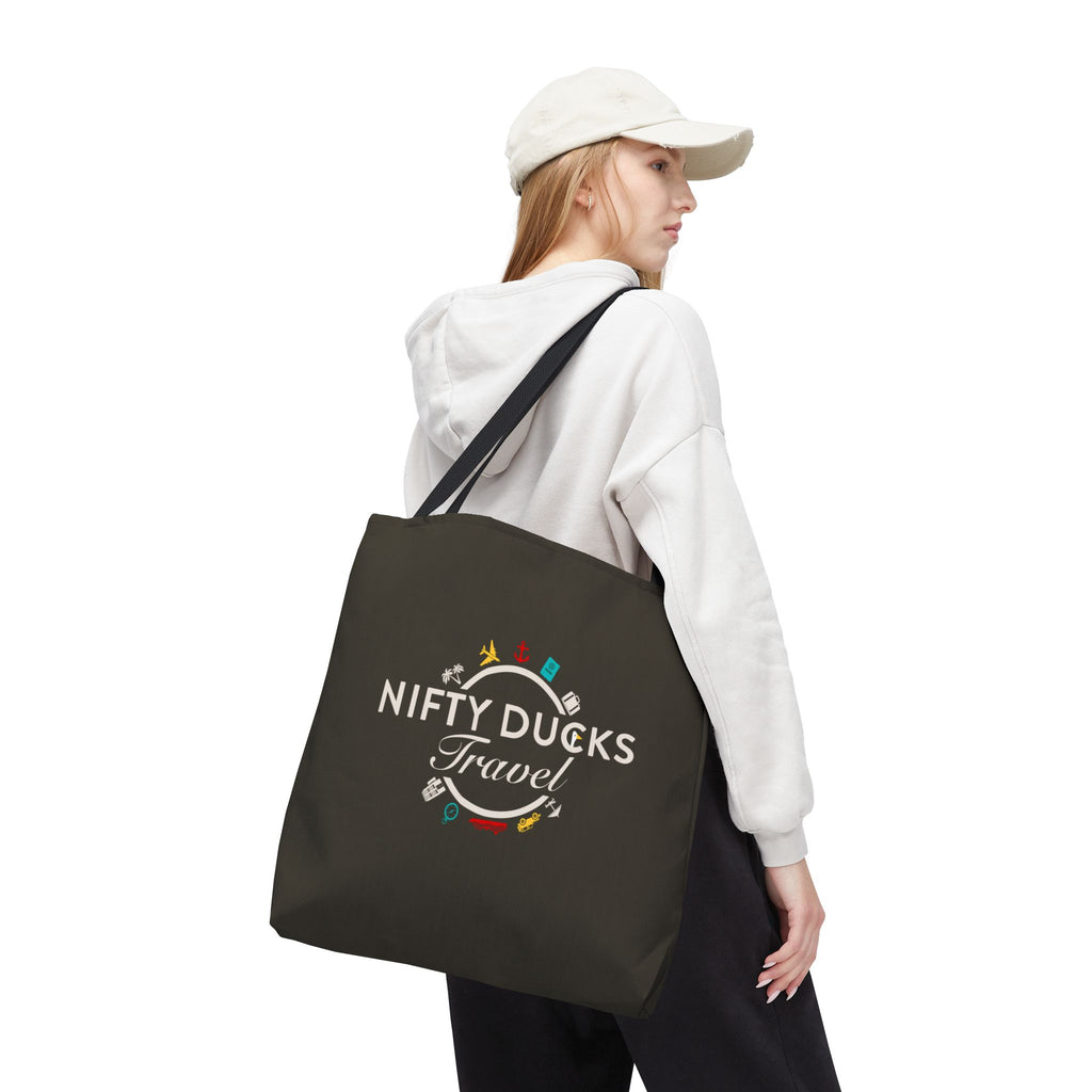 Nifty Ducks Travel Logo - Travel Tote Bag - Signature Brown Background - Beach & Weekend Carryall