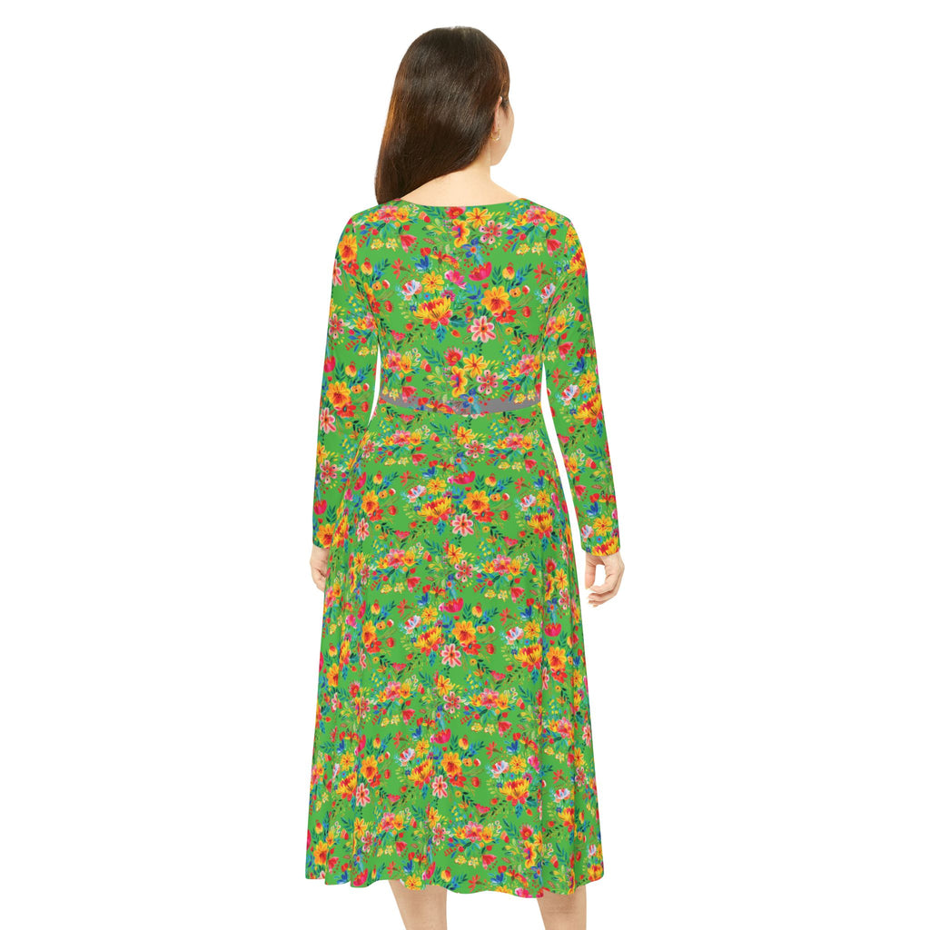 Elegant Women's Long Sleeve Dance Dress - Bright Bold Watercolors Flowers - Lime Green