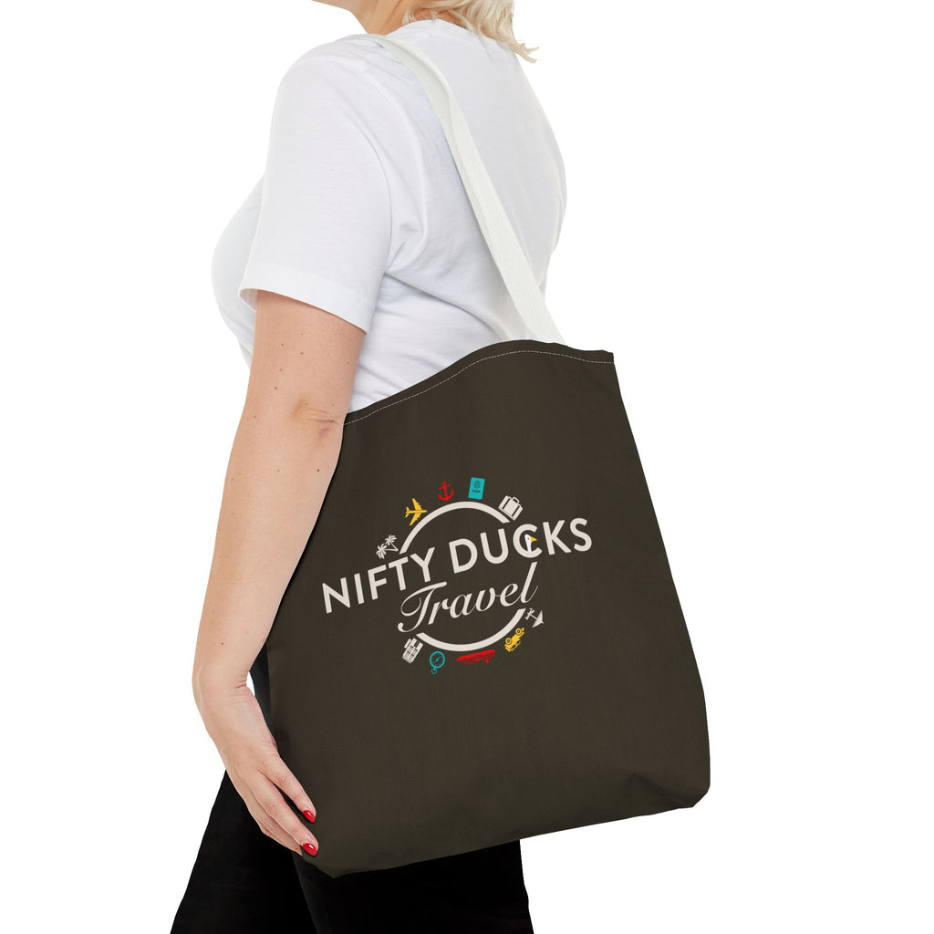 Nifty Ducks Travel Logo - Travel Tote Bag - Signature Brown Background - Beach & Weekend Carryall