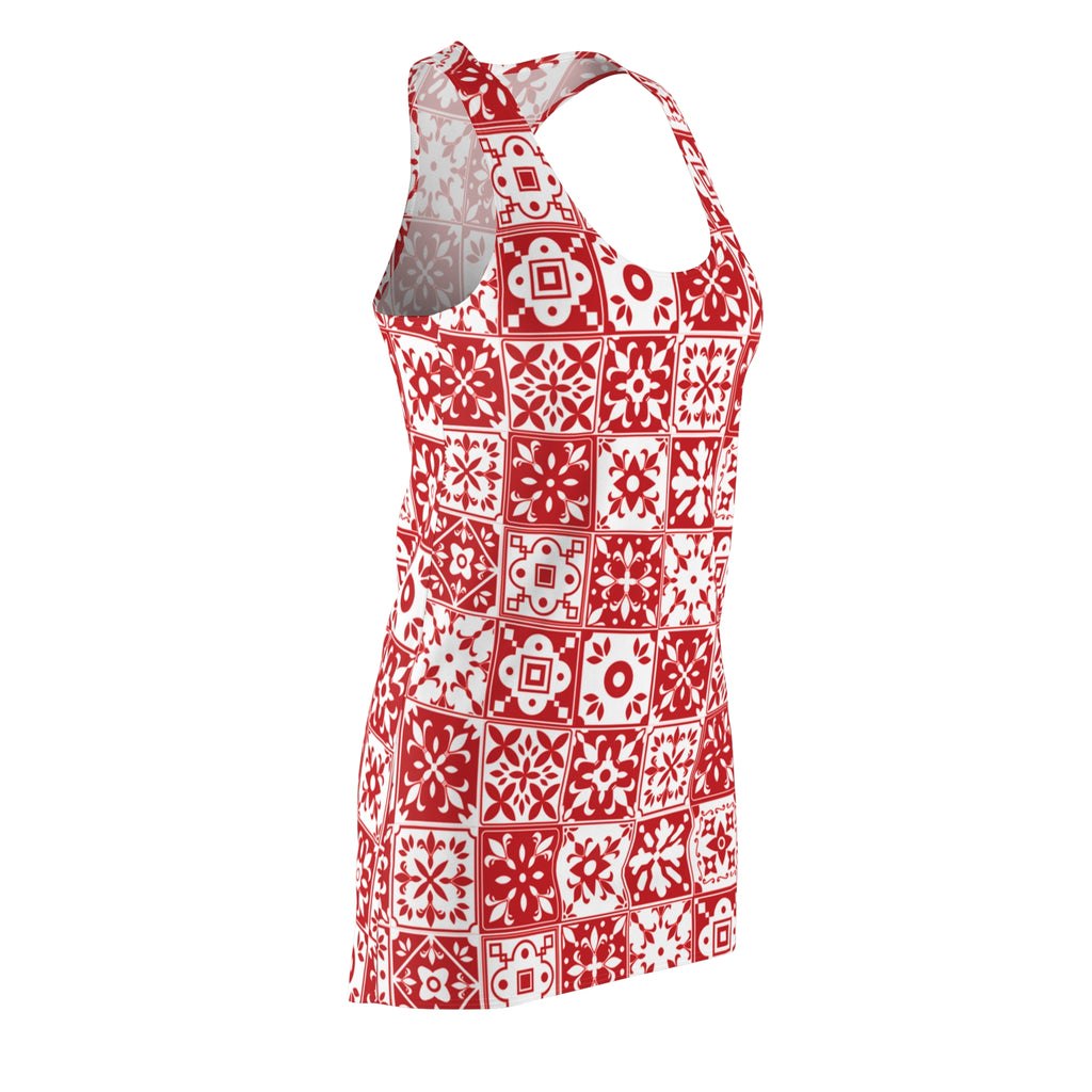Mediterraneo Mosaic - Red - Big Print -  Racerback Dress for Summer Fun, Beach Wear, Vacation Style, Party Outfit, Ladies Sundress