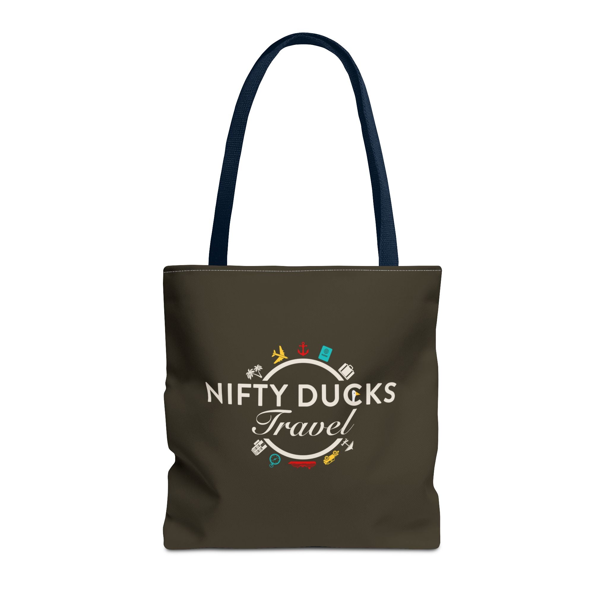 Nifty Ducks Travel Logo - Travel Tote Bag - Signature Brown Background - Beach & Weekend Carryall
