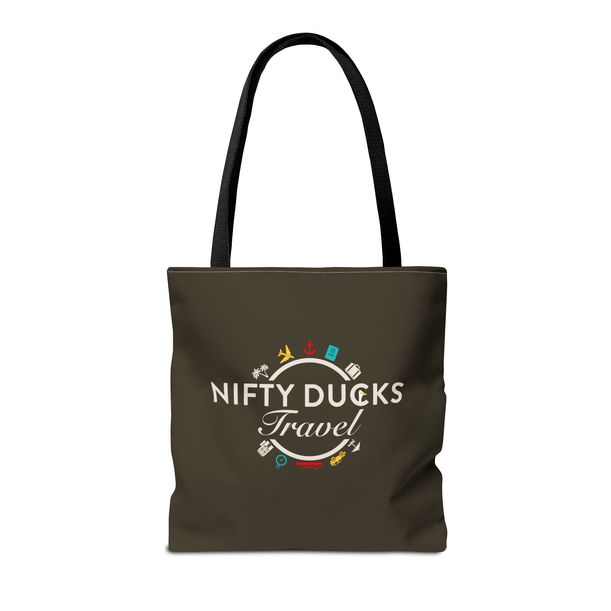Nifty Ducks Travel Logo - Travel Tote Bag - Signature Brown Background - Beach & Weekend Carryall