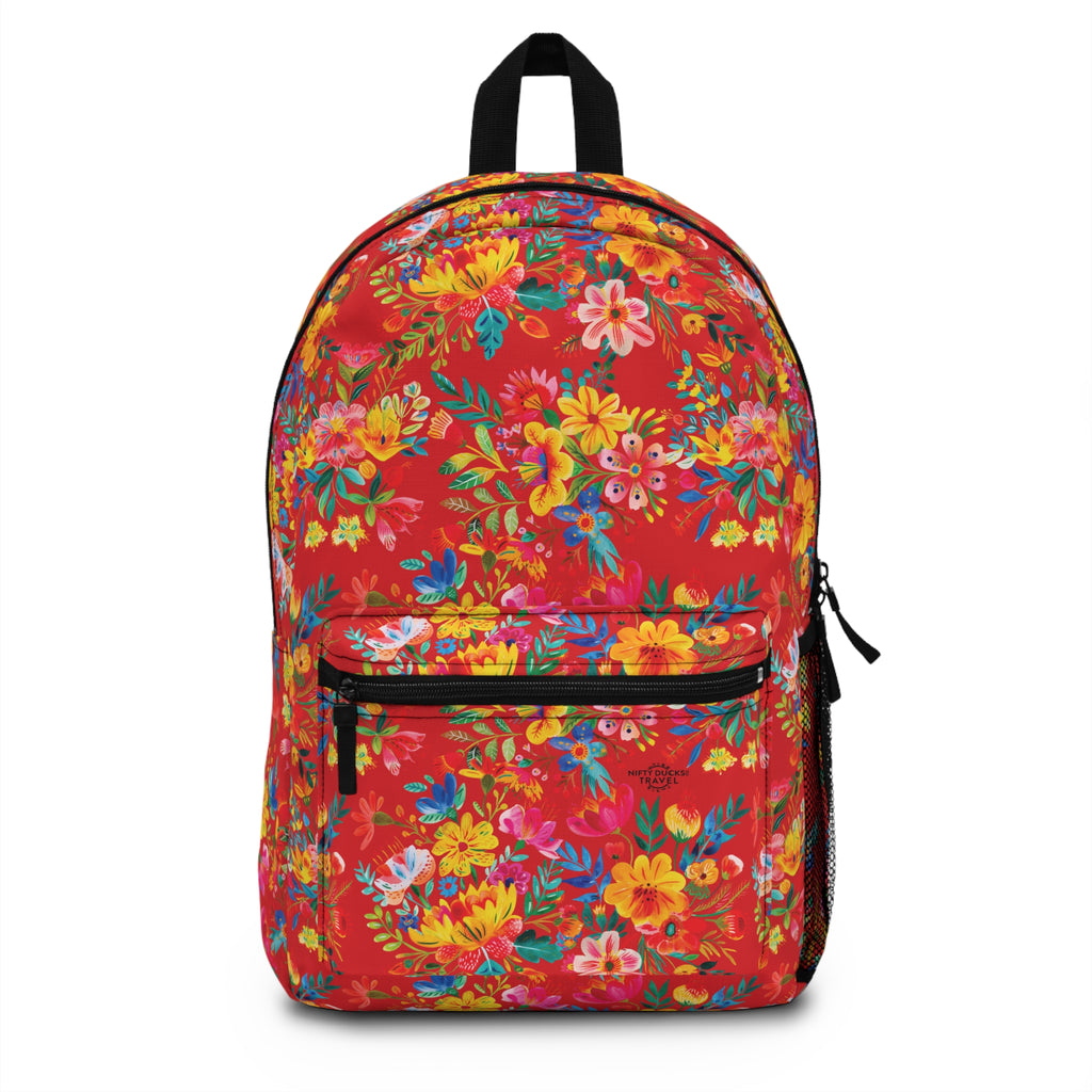 Bright Watercolor Flowers Backpack - Travel Bag with Black Duck Design - Scarlet