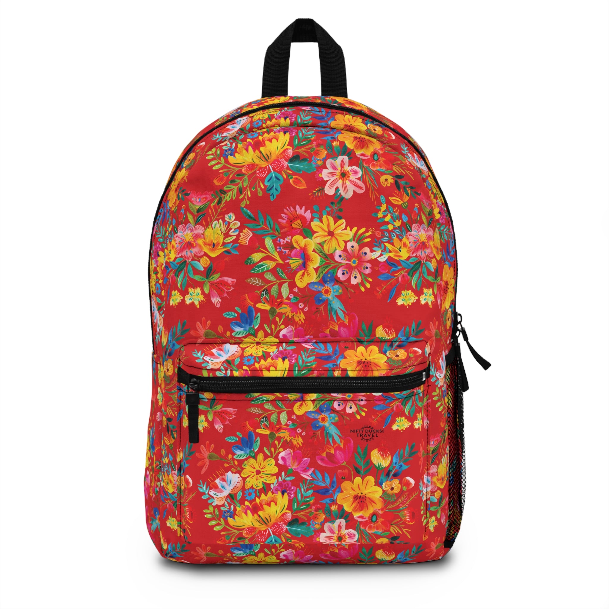 Bright Watercolor Flowers Backpack - Travel Bag with Black Duck Design - Scarlet