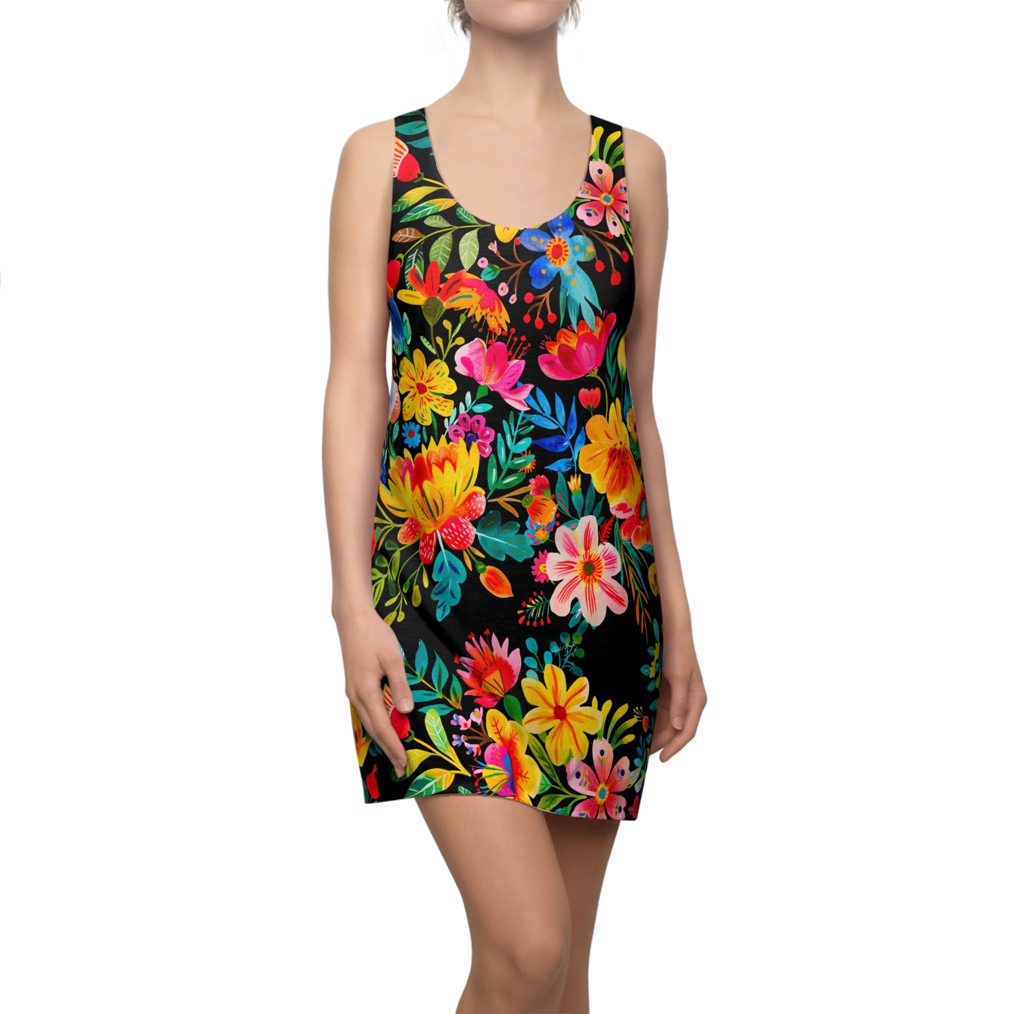 Woman wearing a sleeveless dress with a colorful floral pattern on a white background