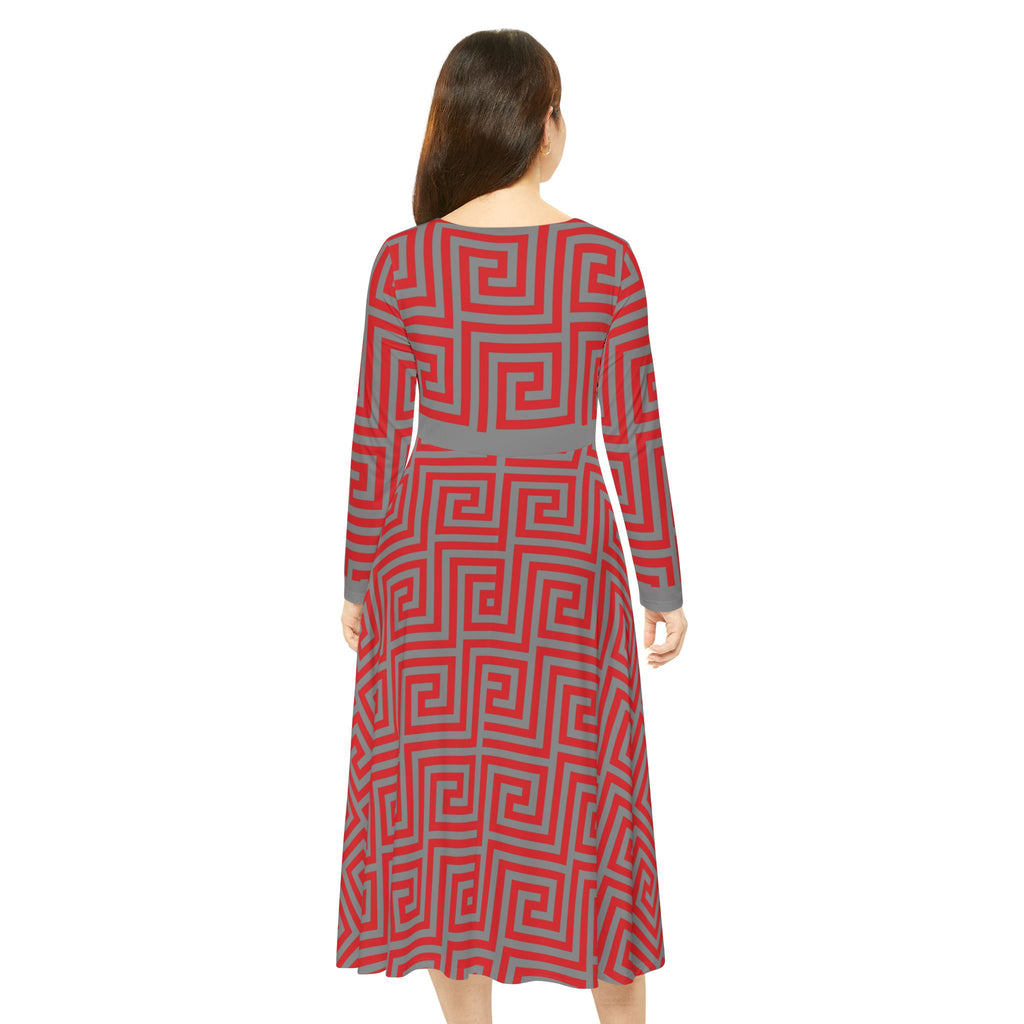 Elegant Women's Long Sleeve Dance Dress - Red & Gray Geometric Pattern