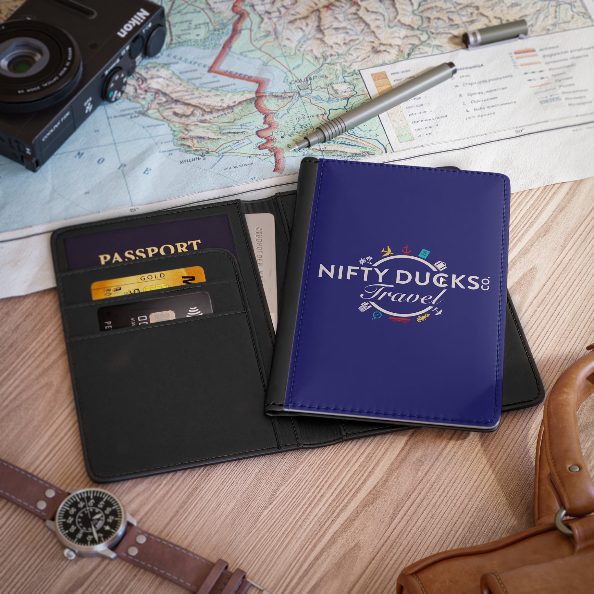 Nifty Ducks Co Travel Logo - Ultramarine - Passport Cover | Travel Accessory, Gift for Jet setters, Unique Travel Journal, Vacation Must-Have, Gift for Travelers