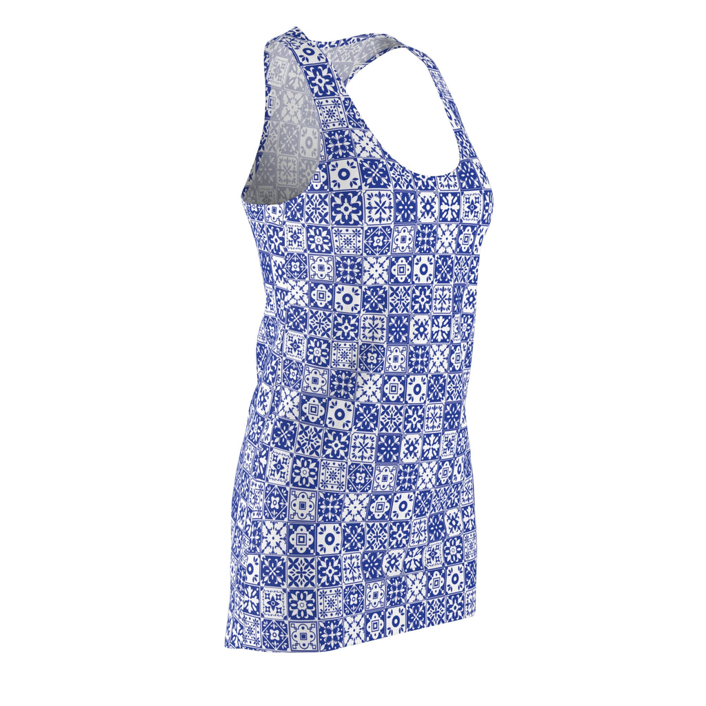 Mediterraneo Mosaic - Blue - Small Print -  Racerback Dress for Summer Fun, Beach Wear, Vacation Style, Party Outfit, Ladies Sundress