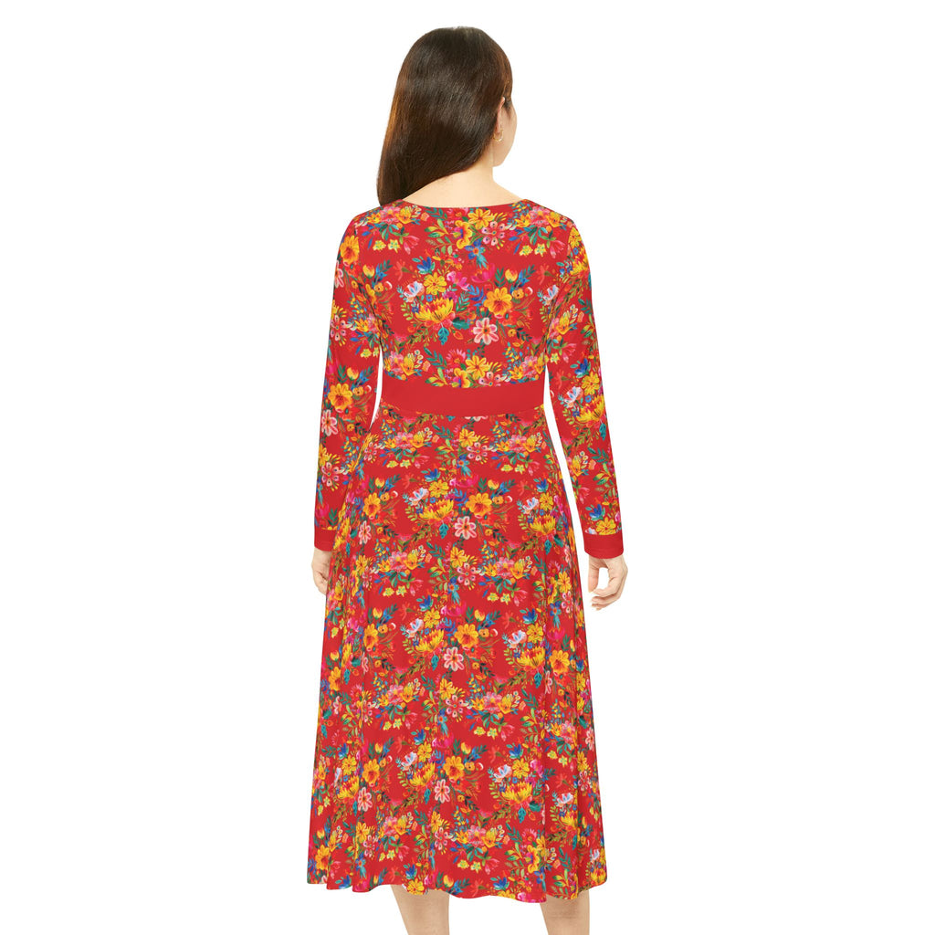 Elegant Women's Long Sleeve Dance Dress - Bright Bold Watercolors Flowers - Scarlet