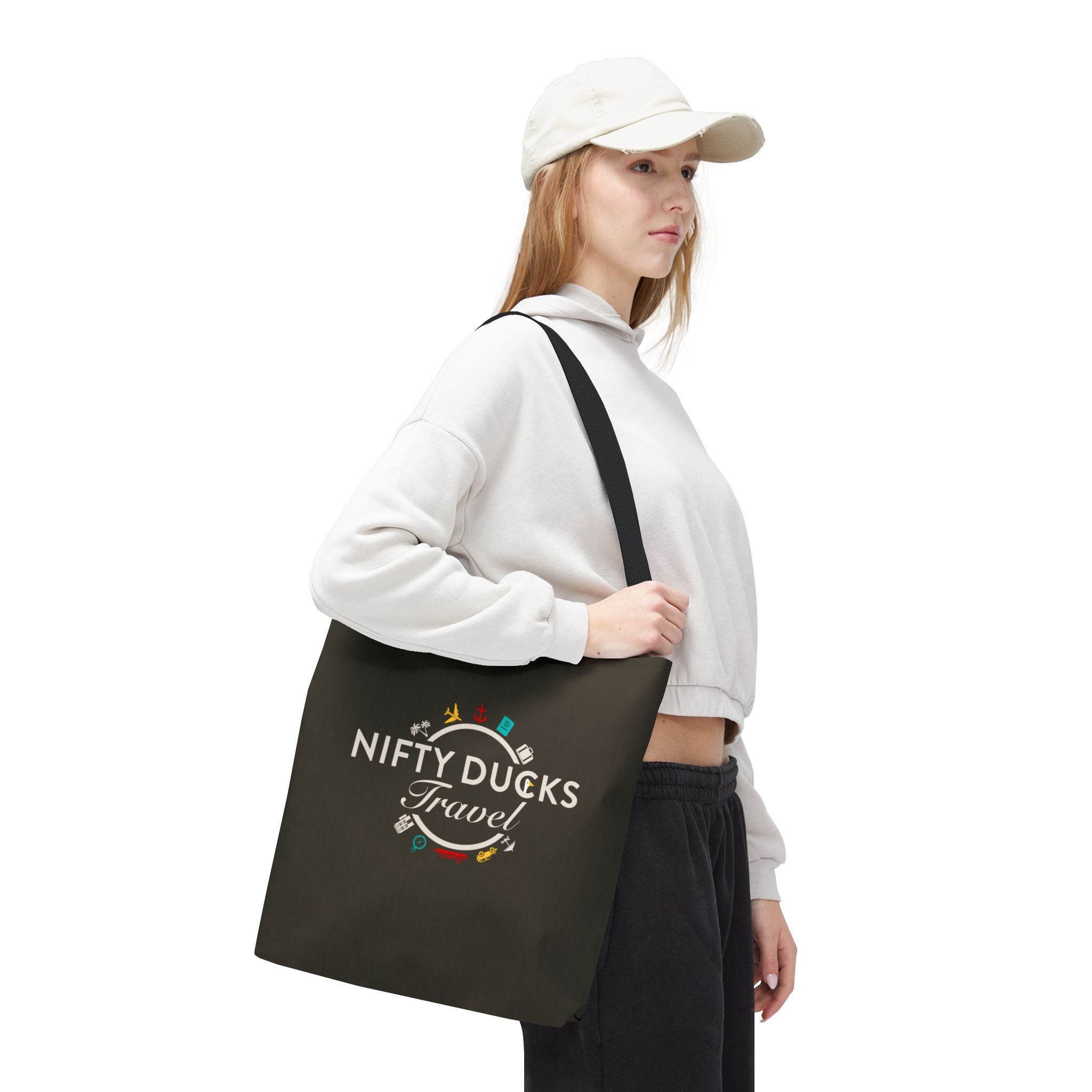 Nifty Ducks Travel Logo - Travel Tote Bag - Signature Brown Background - Beach & Weekend Carryall