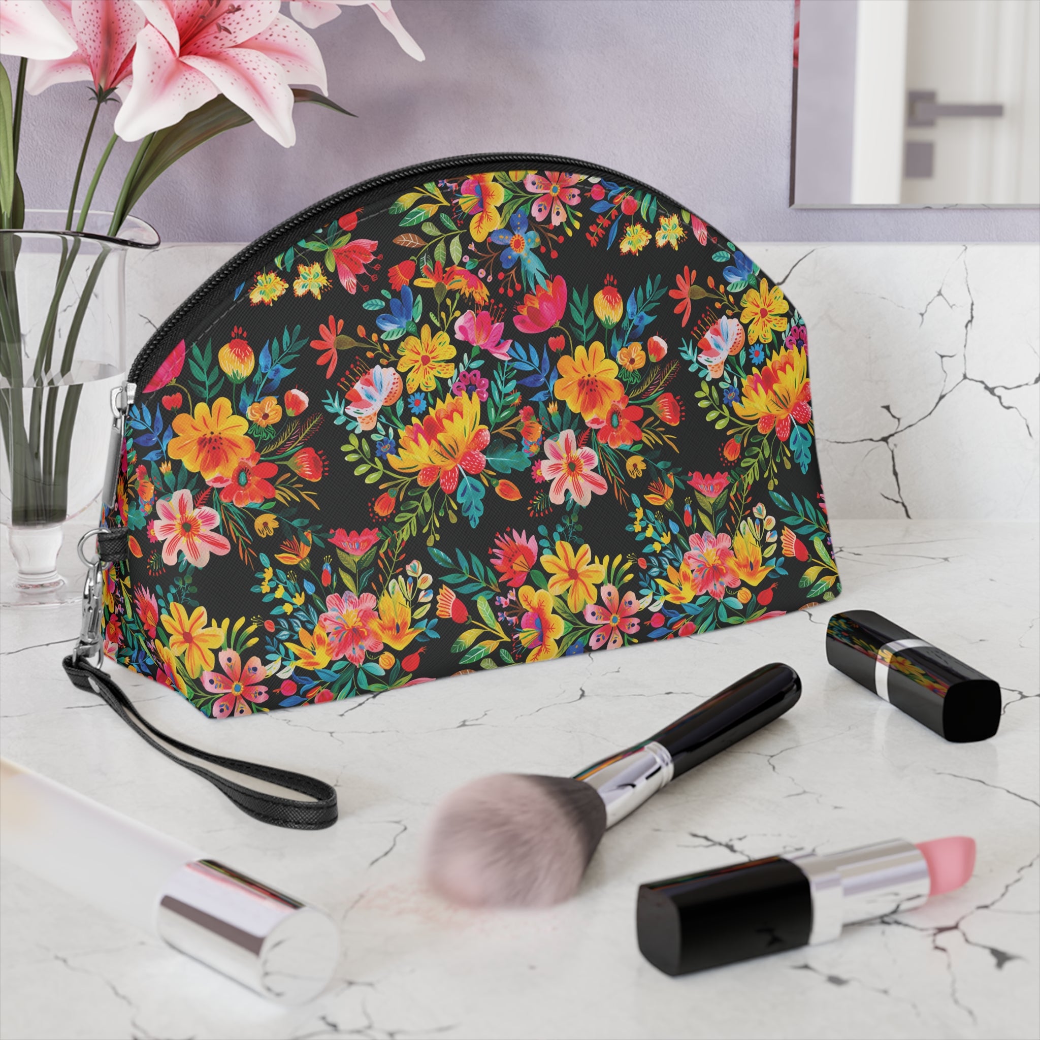 Bright Watercolor Flowers Makeup Bag - Fun & Functional Travel Accessory - Black