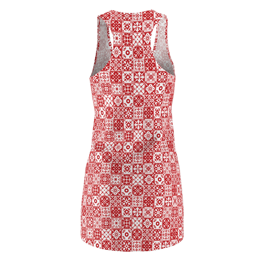 Mediterraneo Mosaic - Red - Small Print -  Racerback Dress for Summer Fun, Beach Wear, Vacation Style, Party Outfit, Ladies Sundress