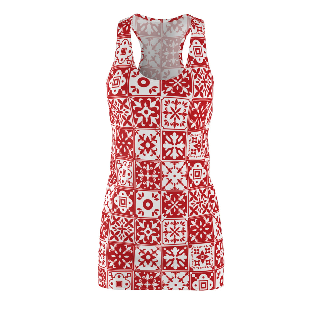 Mediterraneo Mosaic - Red - Big Print -  Racerback Dress for Summer Fun, Beach Wear, Vacation Style, Party Outfit, Ladies Sundress