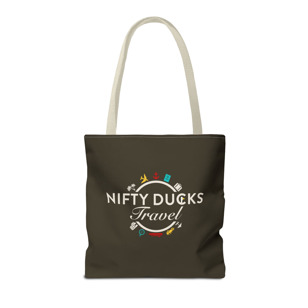 Nifty Ducks Travel Logo - Travel Tote Bag - Signature Brown Background - Beach & Weekend Carryall