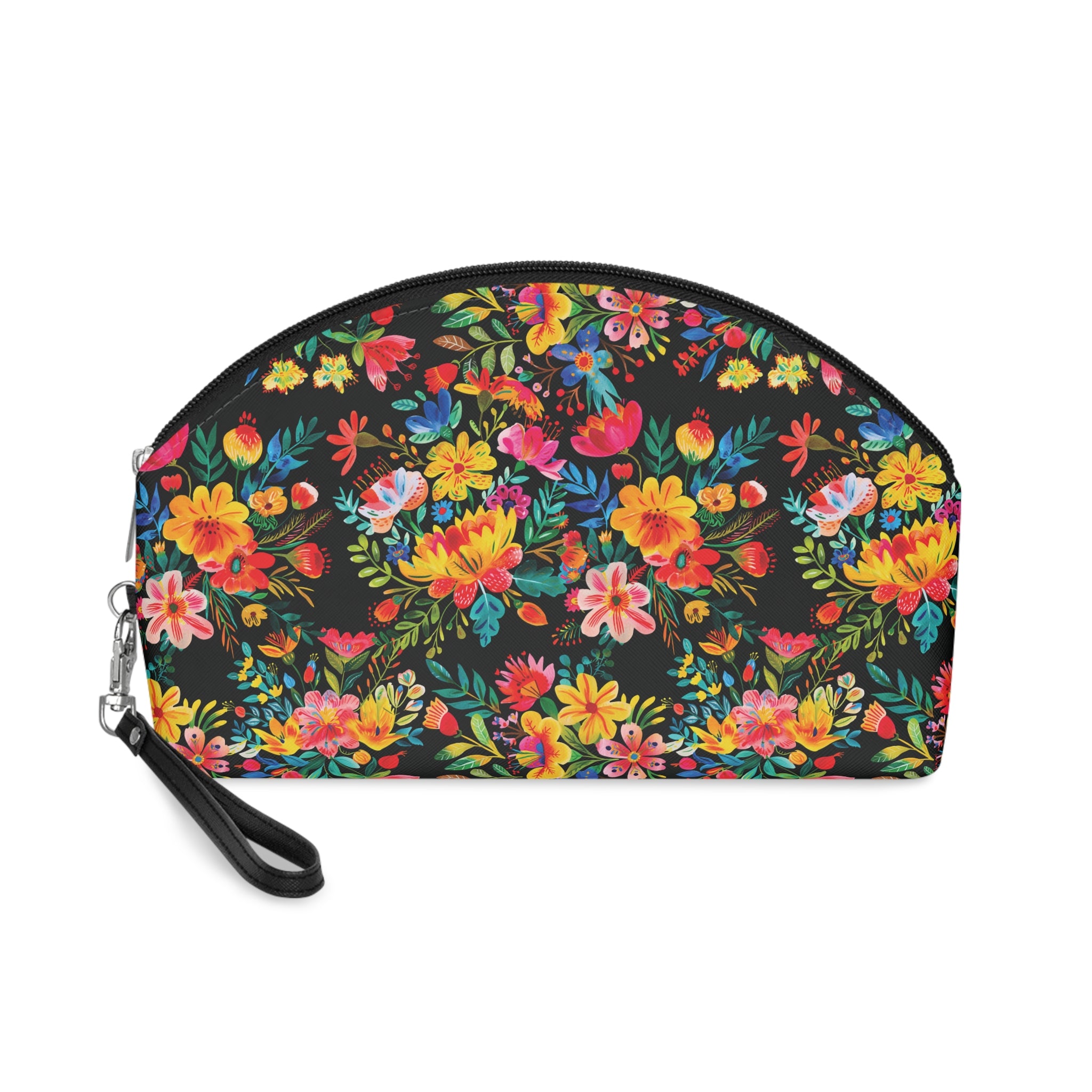 Bright Watercolor Flowers Makeup Bag - Fun & Functional Travel Accessory - Black