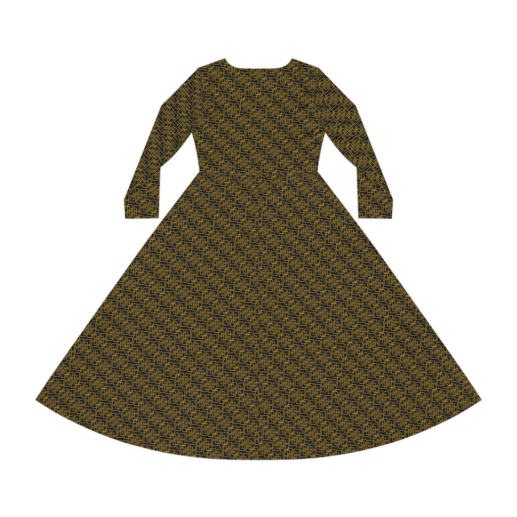 Linea Moda - Black - Gold - Elegant Women's Long Sleeve Dance Dress