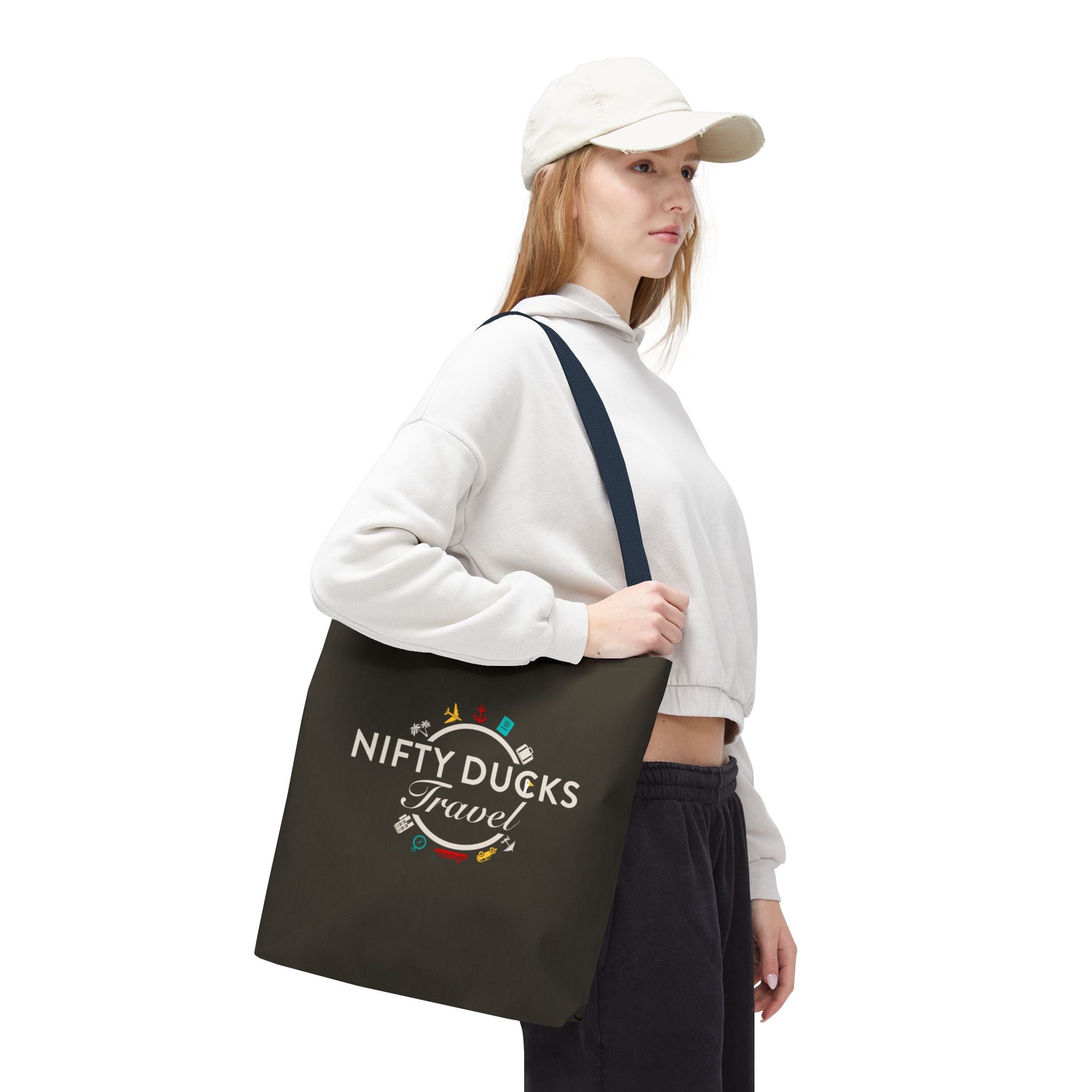 Nifty Ducks Travel Logo - Travel Tote Bag - Signature Brown Background - Beach & Weekend Carryall