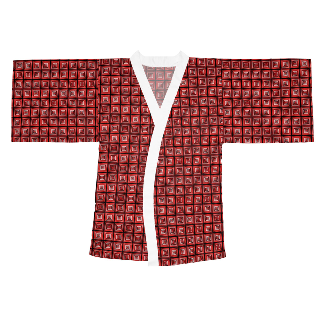 Monochromatic Squares - Red - Long Sleeve Kimono Robe - Chic Loungewear, Spa Outfit, Gift for Her, Inner Peace, Home Comfort