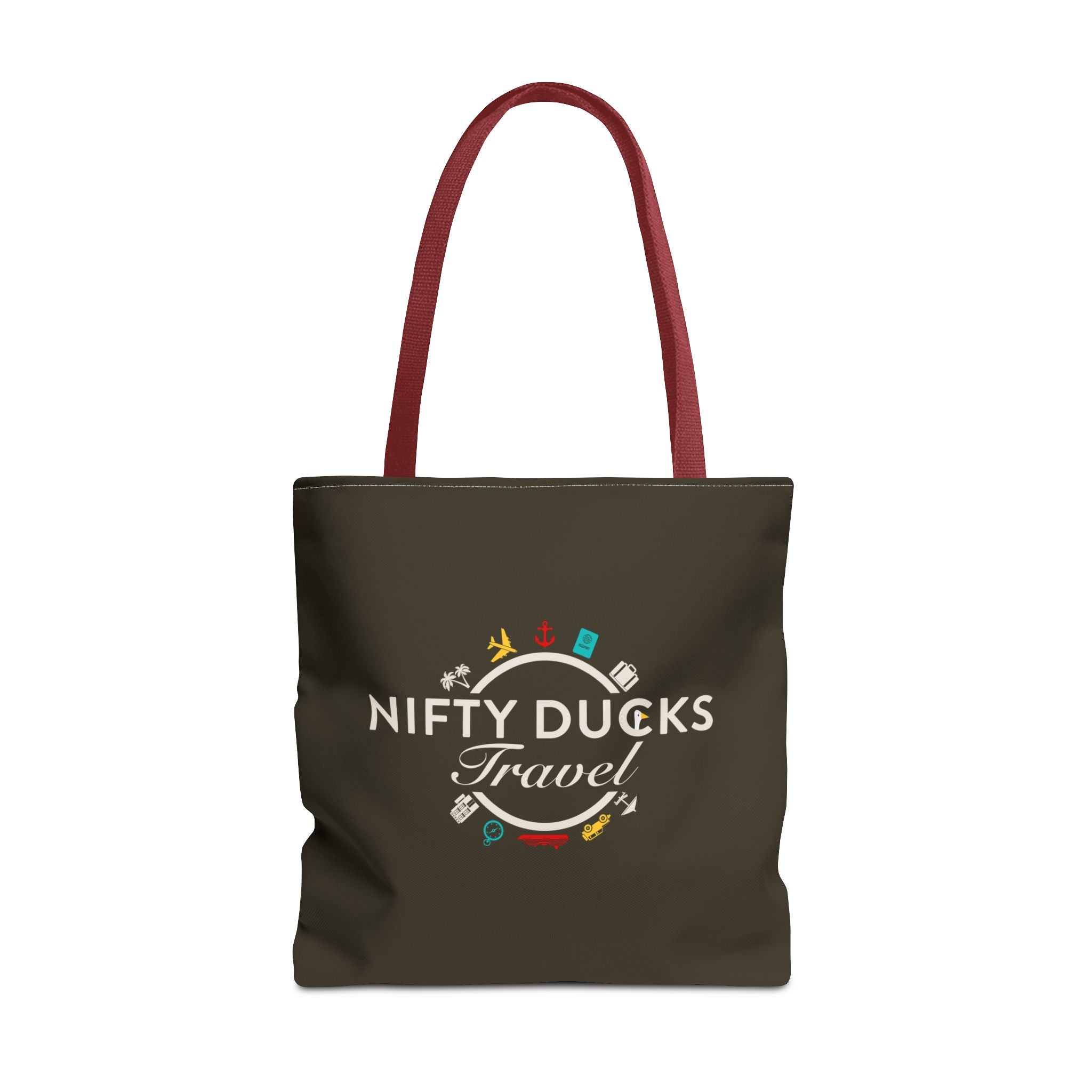 Nifty Ducks Travel Logo - Travel Tote Bag - Signature Brown Background - Beach & Weekend Carryall