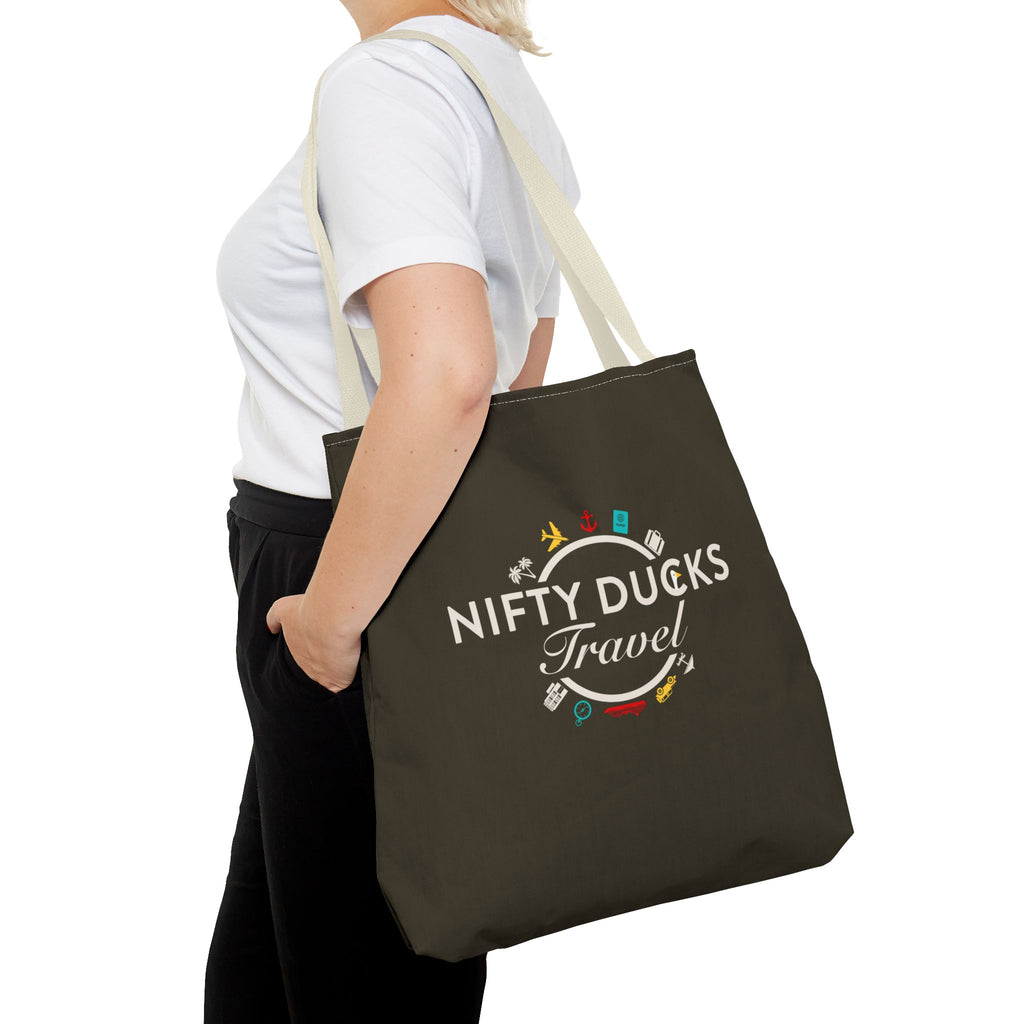 Nifty Ducks Travel Logo - Travel Tote Bag - Signature Brown Background - Beach & Weekend Carryall