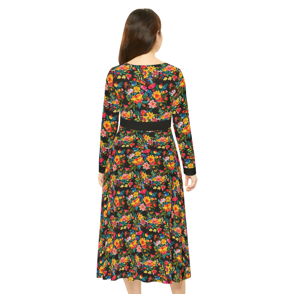 Elegant Women's Long Sleeve Dance Dress - Bright Bold Watercolors Flowers - Signature Brown
