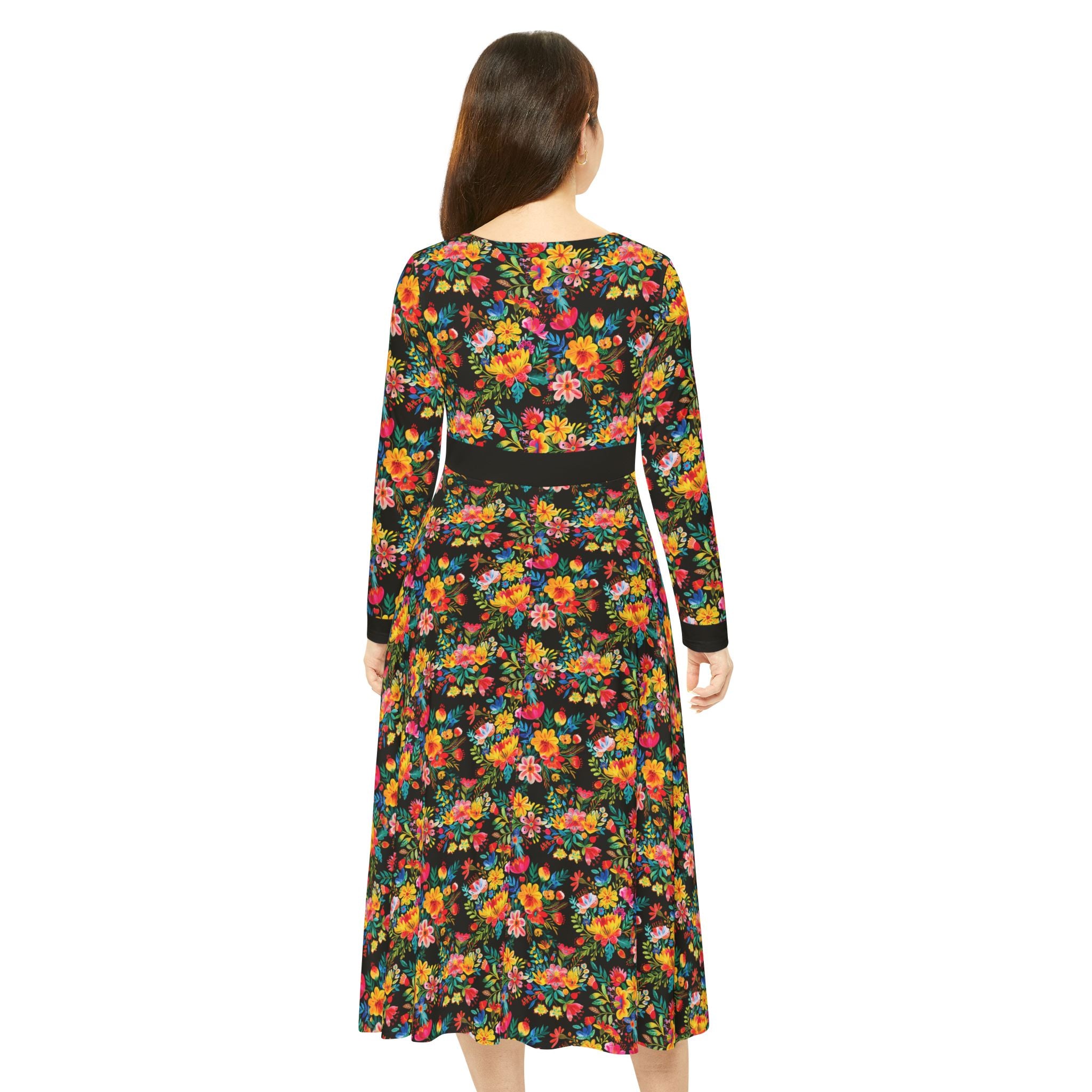Elegant Women's Long Sleeve Dance Dress - Bright Bold Watercolors Flowers - Signature Brown