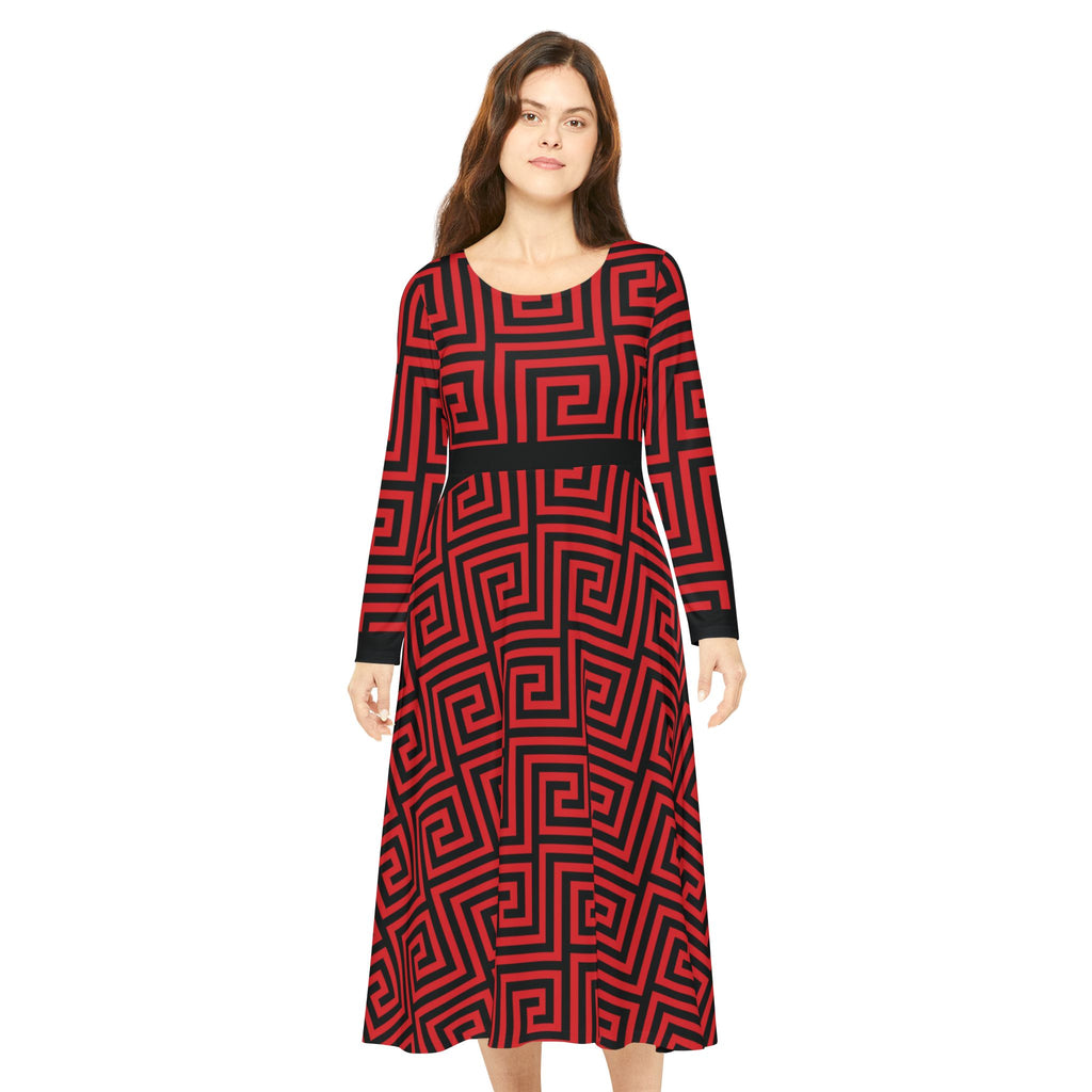 Elegant Women's Long Sleeve Dance Dress - Red & Black Geometric Pattern