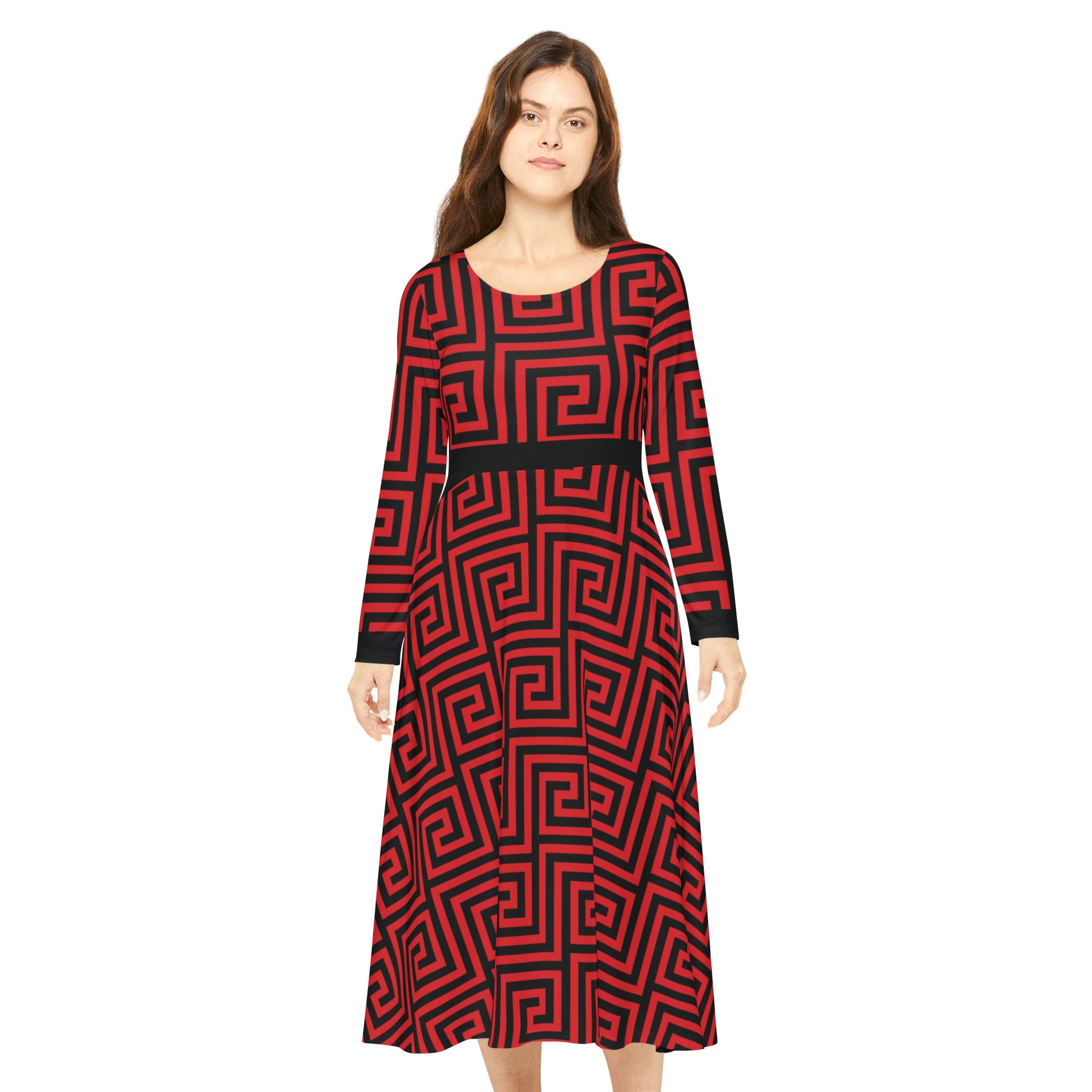 Elegant Women's Long Sleeve Dance Dress - Red & Black Geometric Pattern
