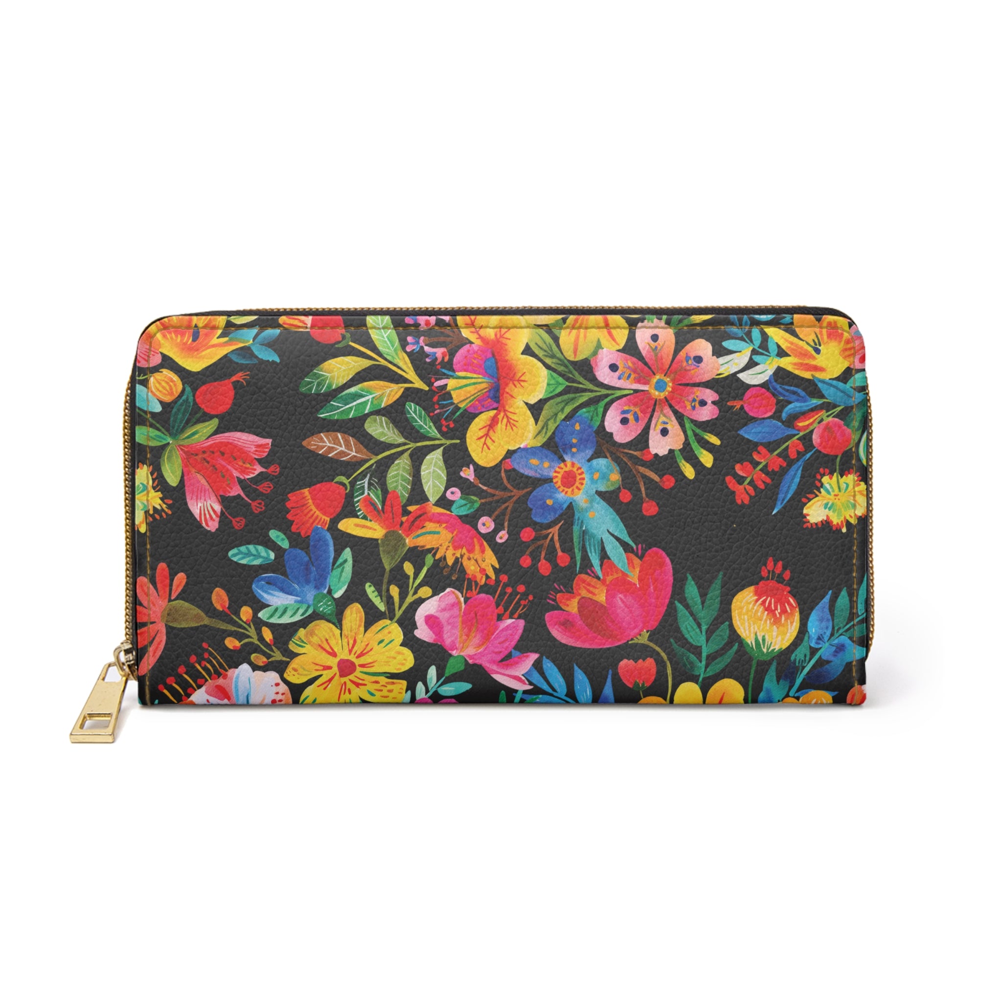 Bright Watercolor Flowers Zipper Wallet - Travel Accessories - Black