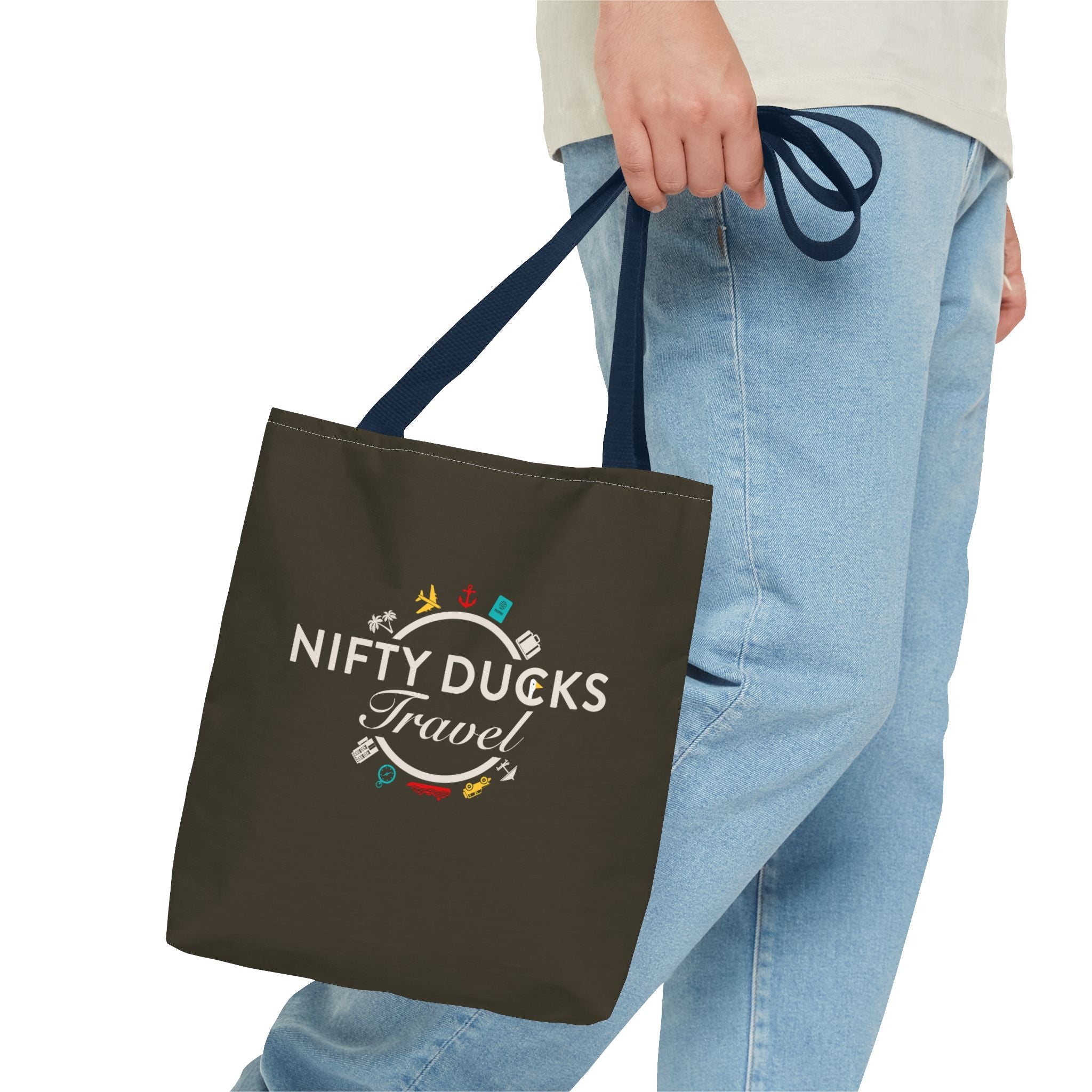 Nifty Ducks Travel Logo - Travel Tote Bag - Signature Brown Background - Beach & Weekend Carryall