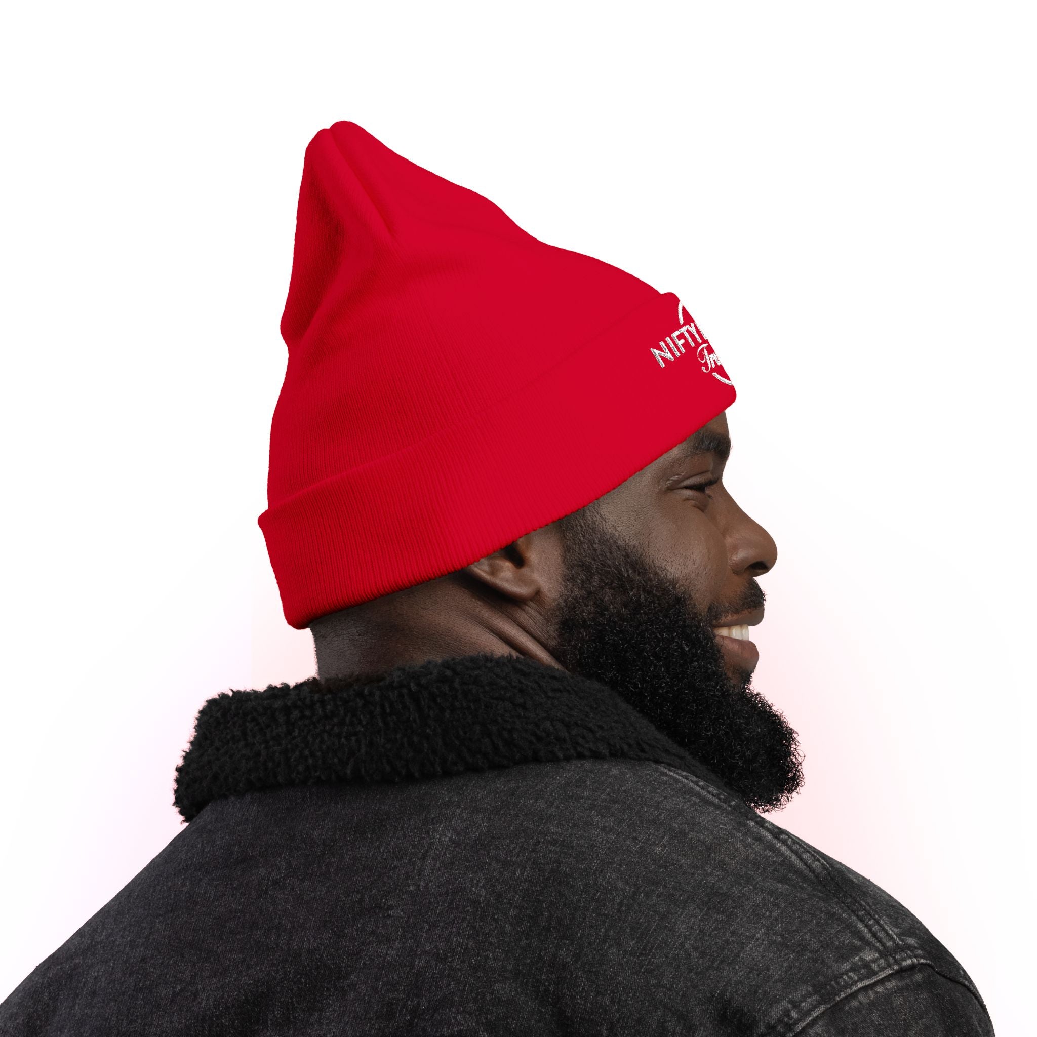 Custom Embroidered Knit Beanie - White Nifty Ducks Travel Logo | Cozy Winter Hat for Travel Lovers, Gift for Him/Her, Outdoor Adventure Gear, Casual Style Accessory