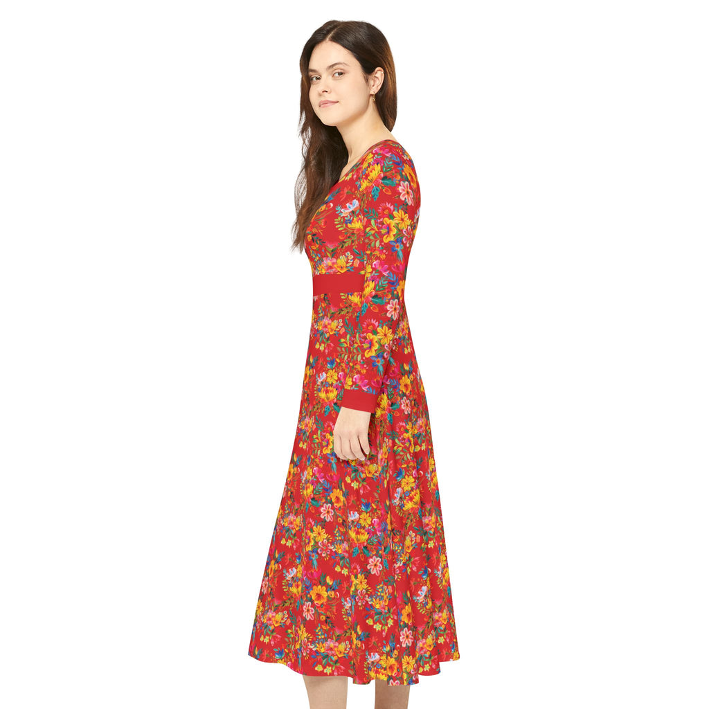 Elegant Women's Long Sleeve Dance Dress - Bright Bold Watercolors Flowers - Scarlet
