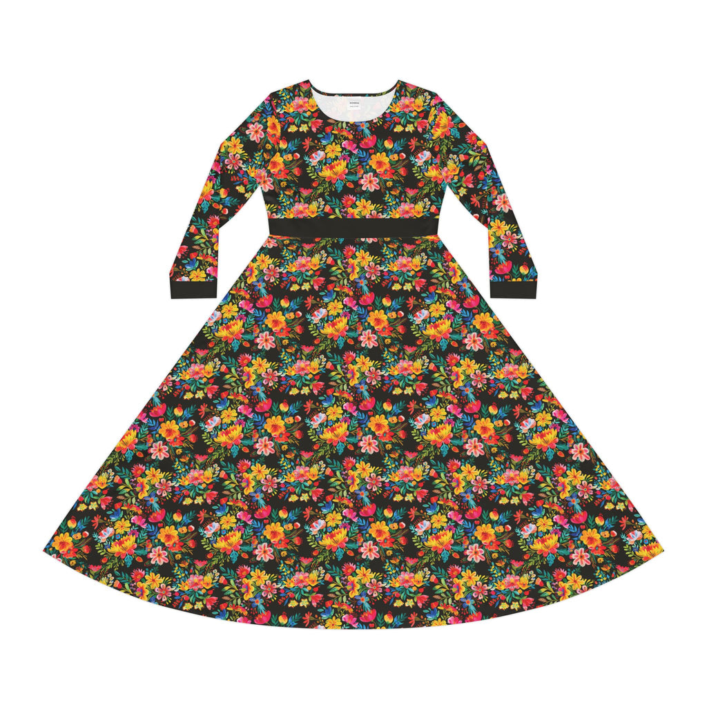 Elegant Women's Long Sleeve Dance Dress - Bright Bold Watercolors Flowers - Signature Brown