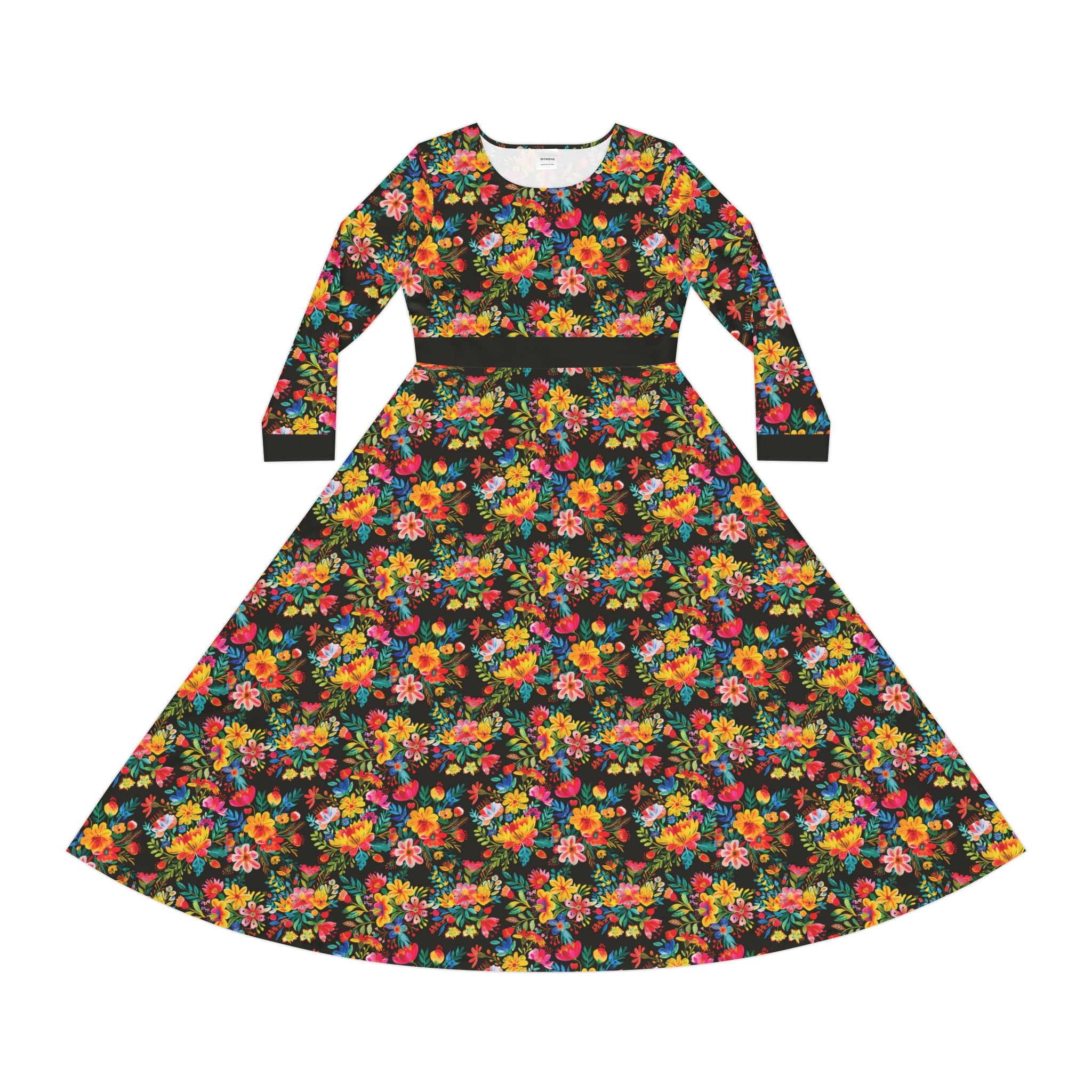 Elegant Women's Long Sleeve Dance Dress - Bright Bold Watercolors Flowers - Signature Brown