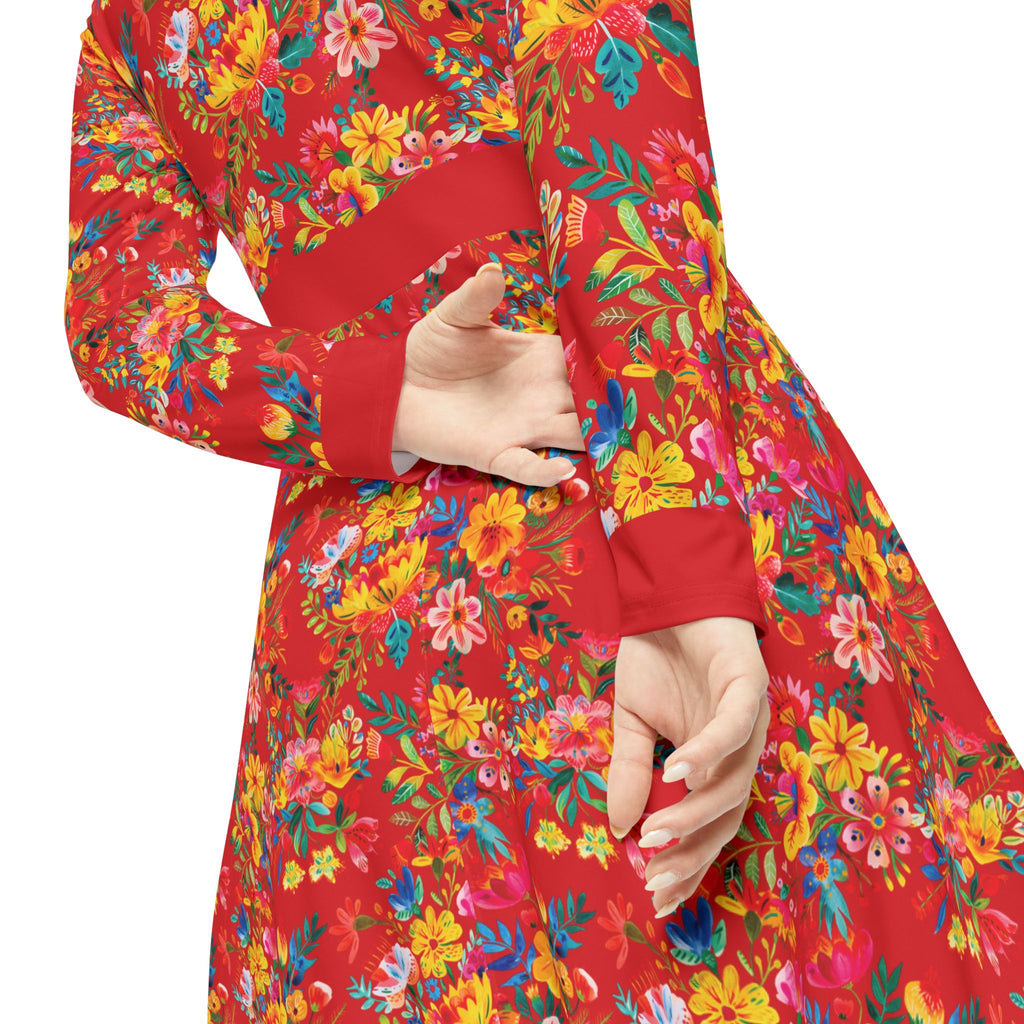 Elegant Women's Long Sleeve Dance Dress - Bright Bold Watercolors Flowers - Scarlet