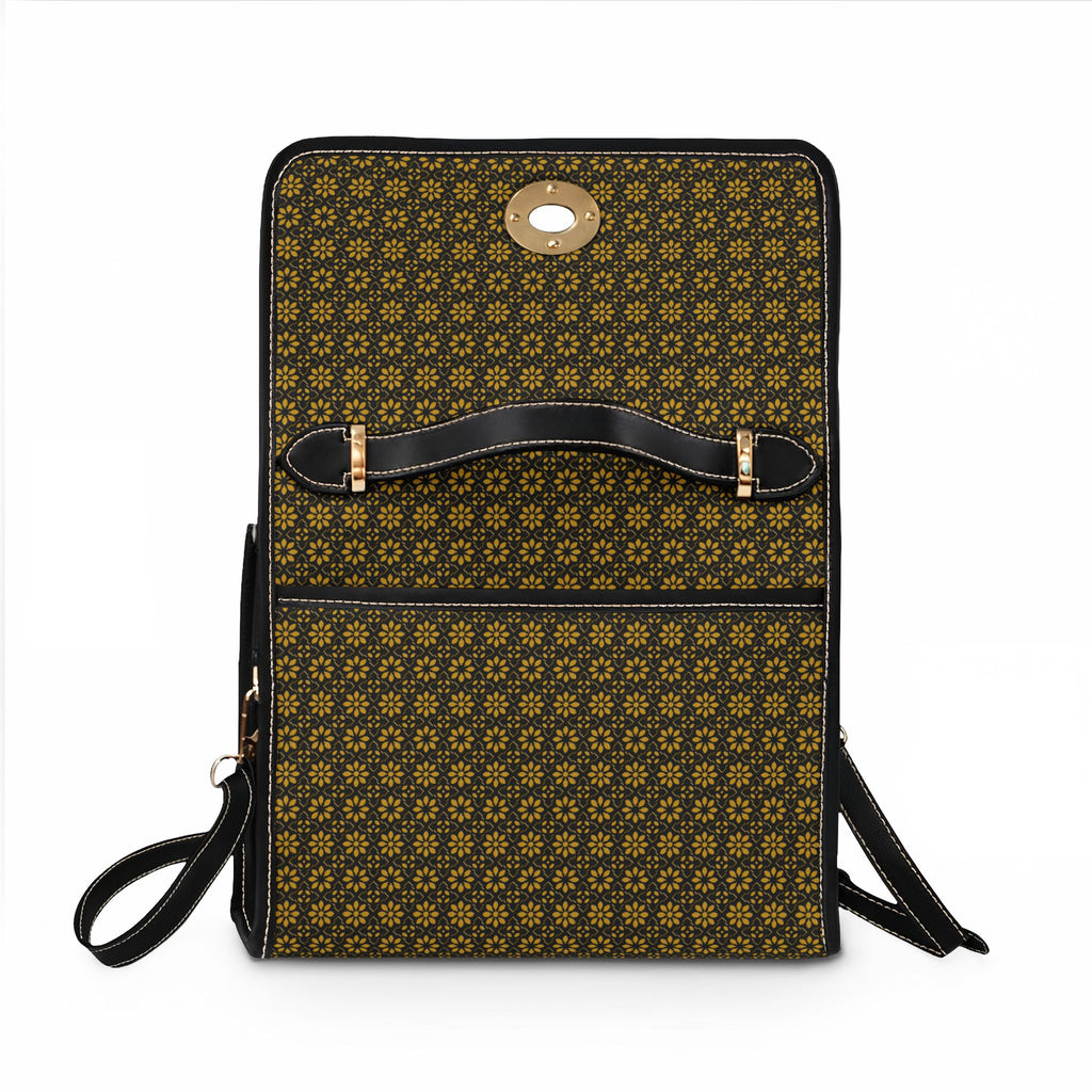 Waterproof Canvas Bag — Gold - Black - Floral Satchel for Everyday Commute