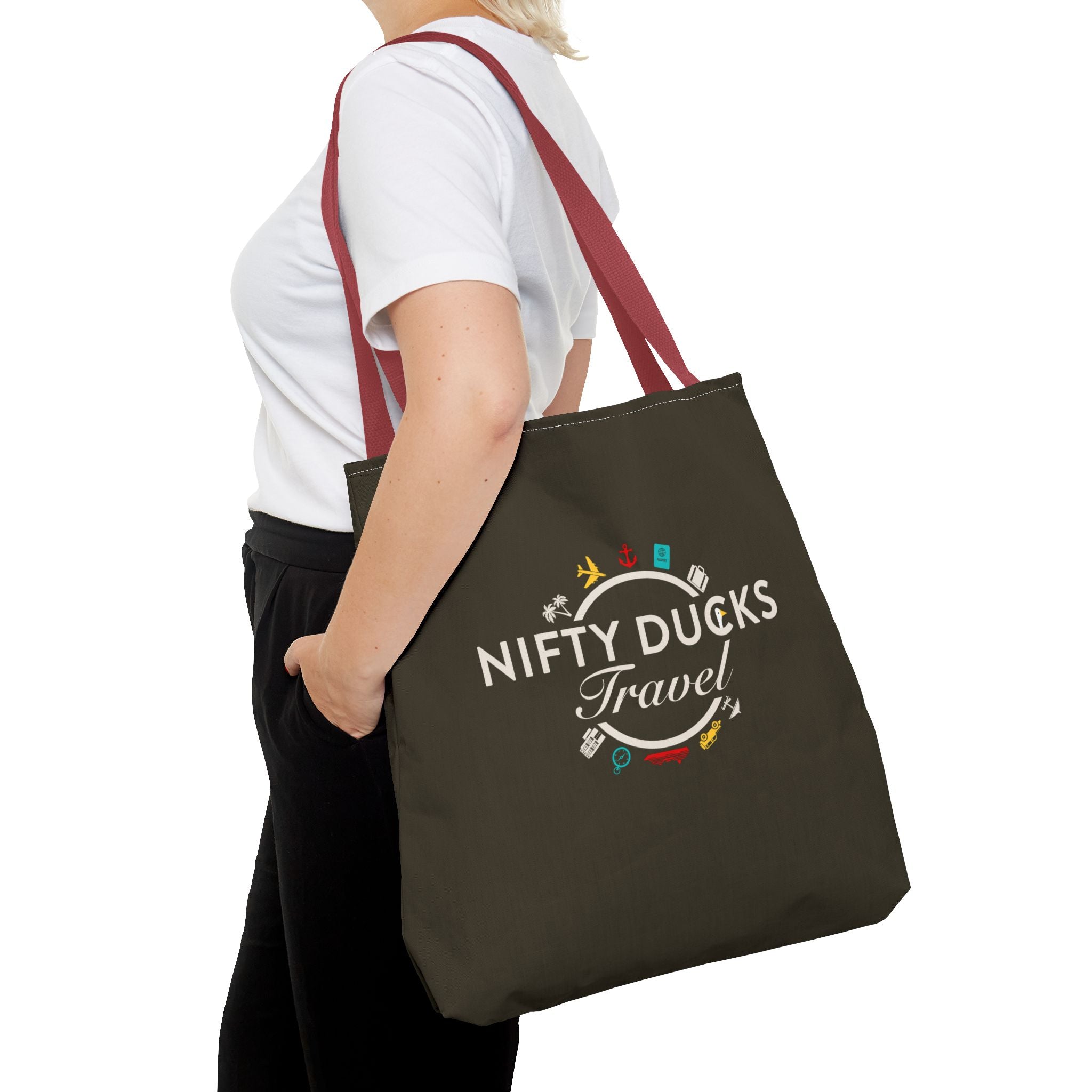 Nifty Ducks Travel Logo - Travel Tote Bag - Signature Brown Background - Beach & Weekend Carryall