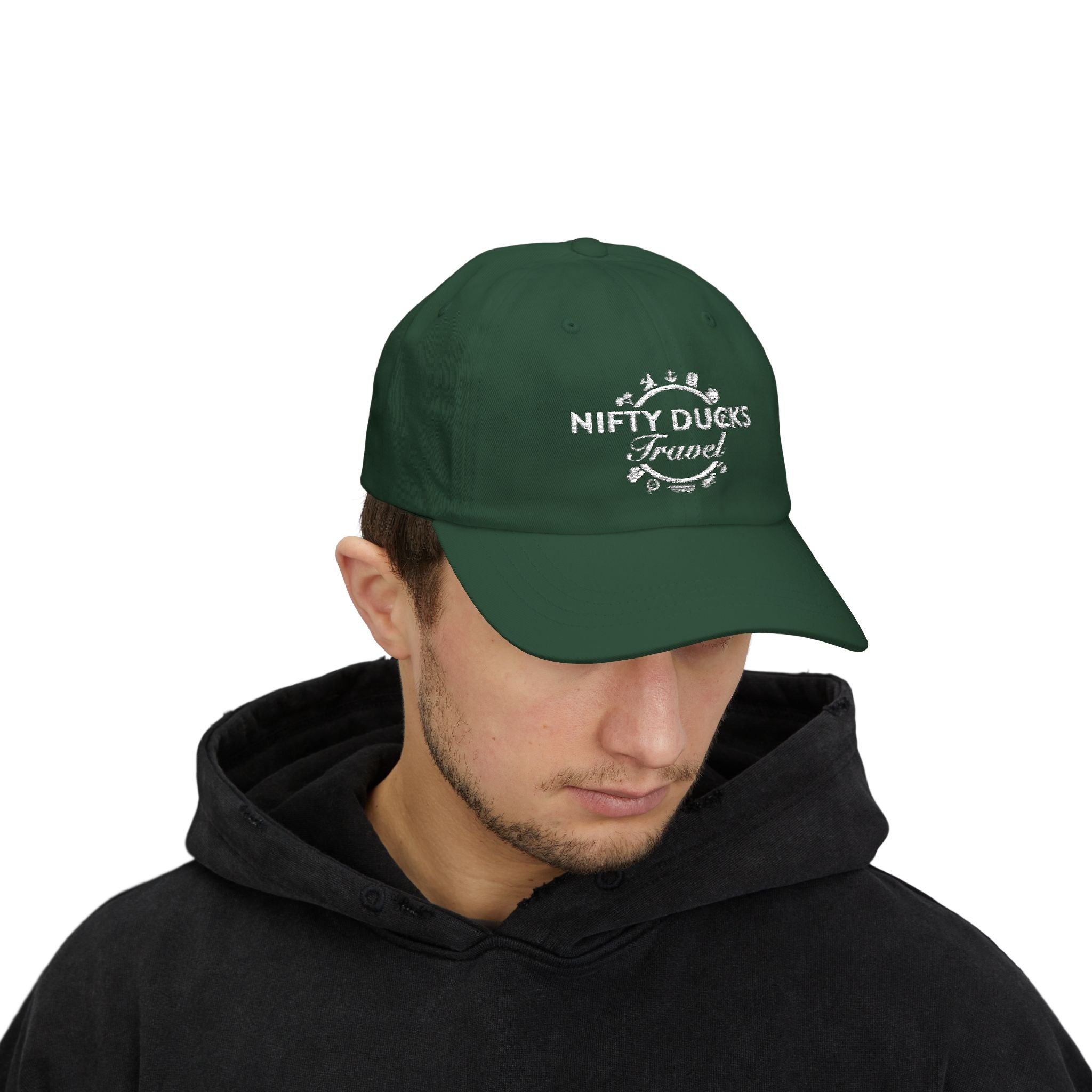 Nifty Ducks Travel Logo Classic Dad Cap - White Logo - Perfect for Adventurers