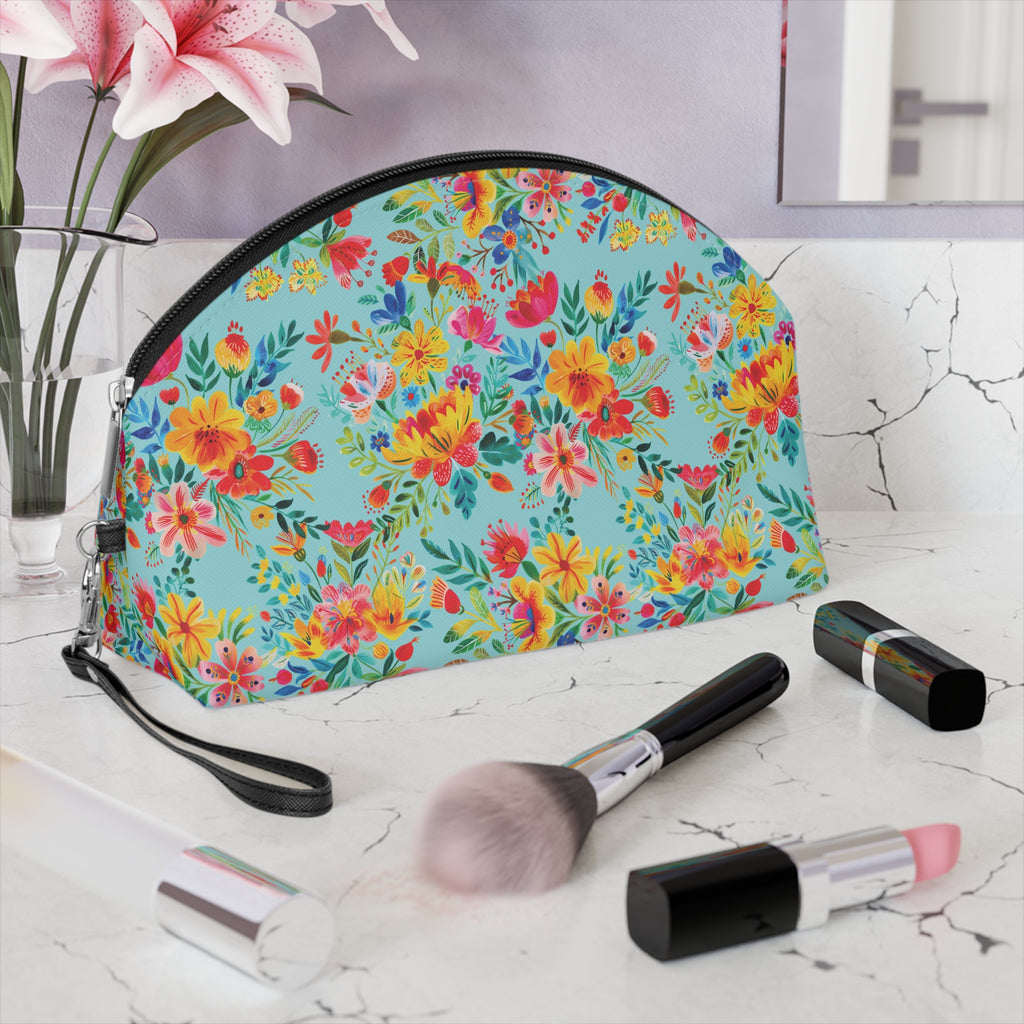 Bright Watercolor Flowers Makeup Bag - Fun & Functional Travel Accessory - Electric Blue