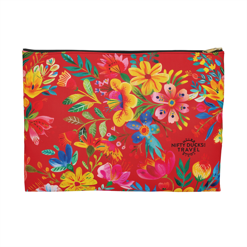 A bright red accessory pouch with a vibrant watercolor flowers pattern, and a zipper closure at the top.